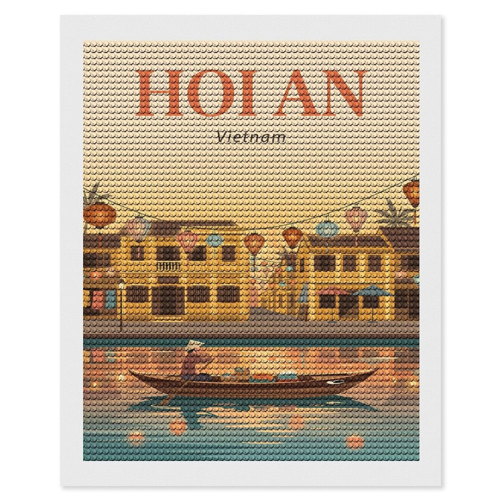 Junmoney Hoi an Vietnam Full Drill Diamond Painting Kit 16"x20", Sparkling Round Gems, Decorate Your Room, Mindful Craft Activity