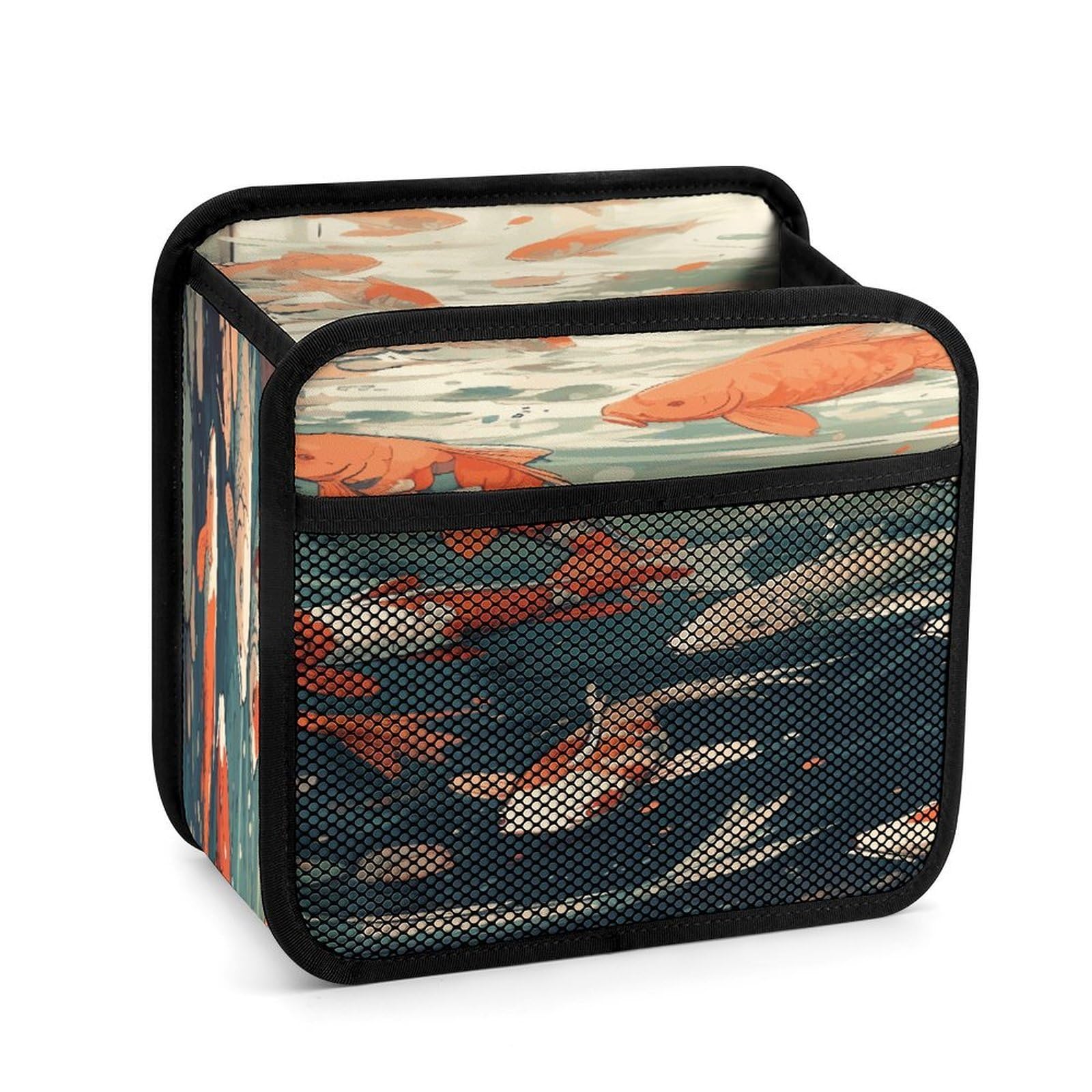 Btcowzrv Style Hand Drawn Fish Pattern Car Seat Back Organizer, Pu Leather Hanging Backseat Car Organizer With Elastic Mesh Pocket, Storage Bag For Most Vehicles