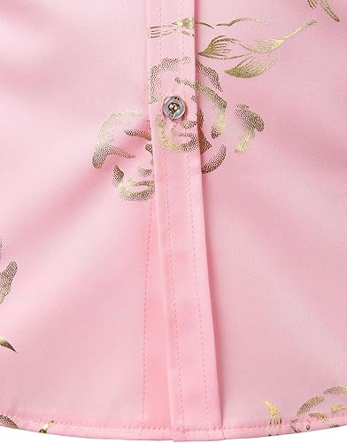 Miniatura 5 de ZEROYAA - Camisas de vestir de manga corta con estampado de rosa dorada para hombre, estilo hipster, calce ajustado, con botones