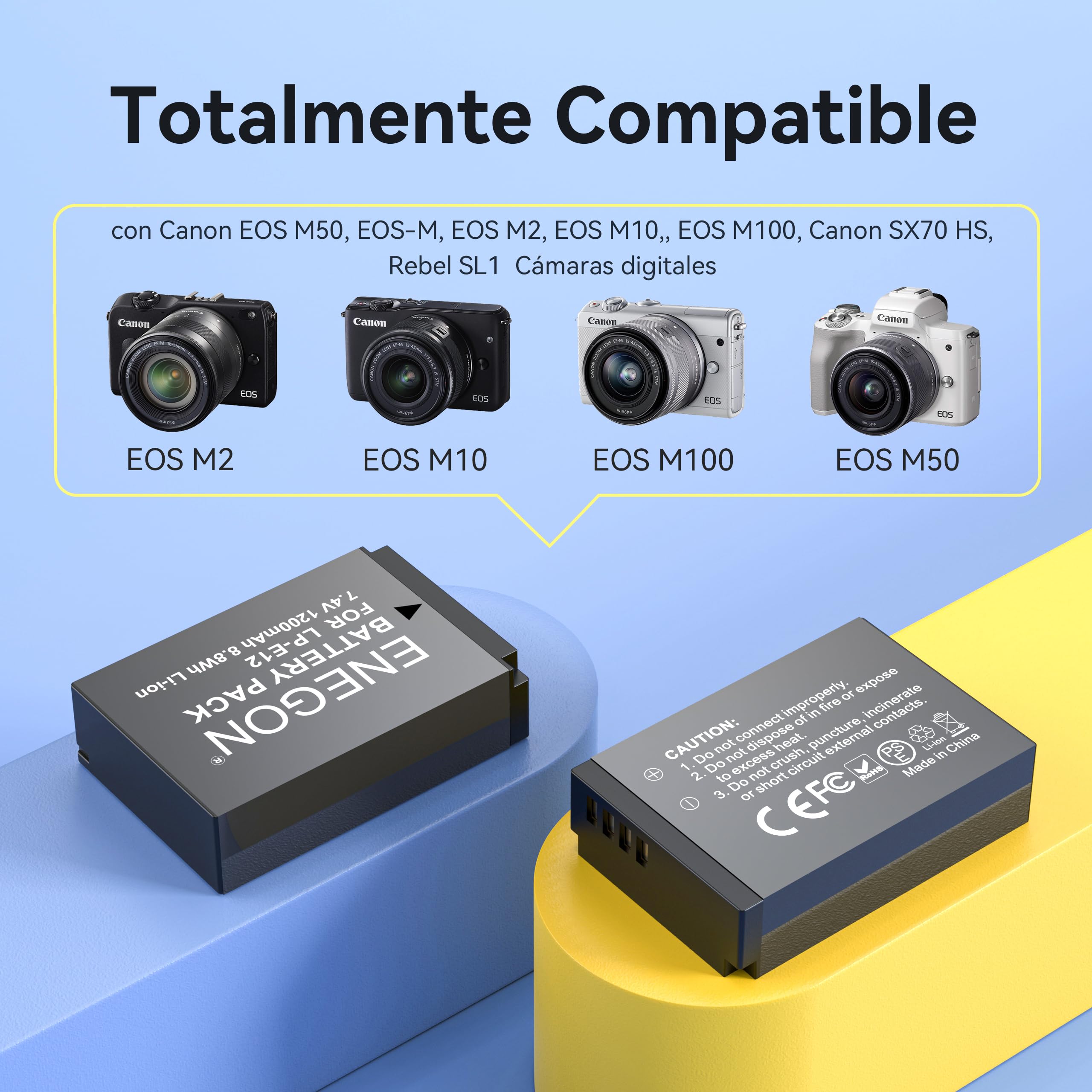 ENEGON batería LP - E12 20w El Kit de Cargador rápido de Almacenamiento de Doble batería(1200mah) es para Canon EOS M50 Mark II, M50, EOS M10, M100, M200, Rebel SL1, 100D, Kiss X7, PowerShot SX70 HS