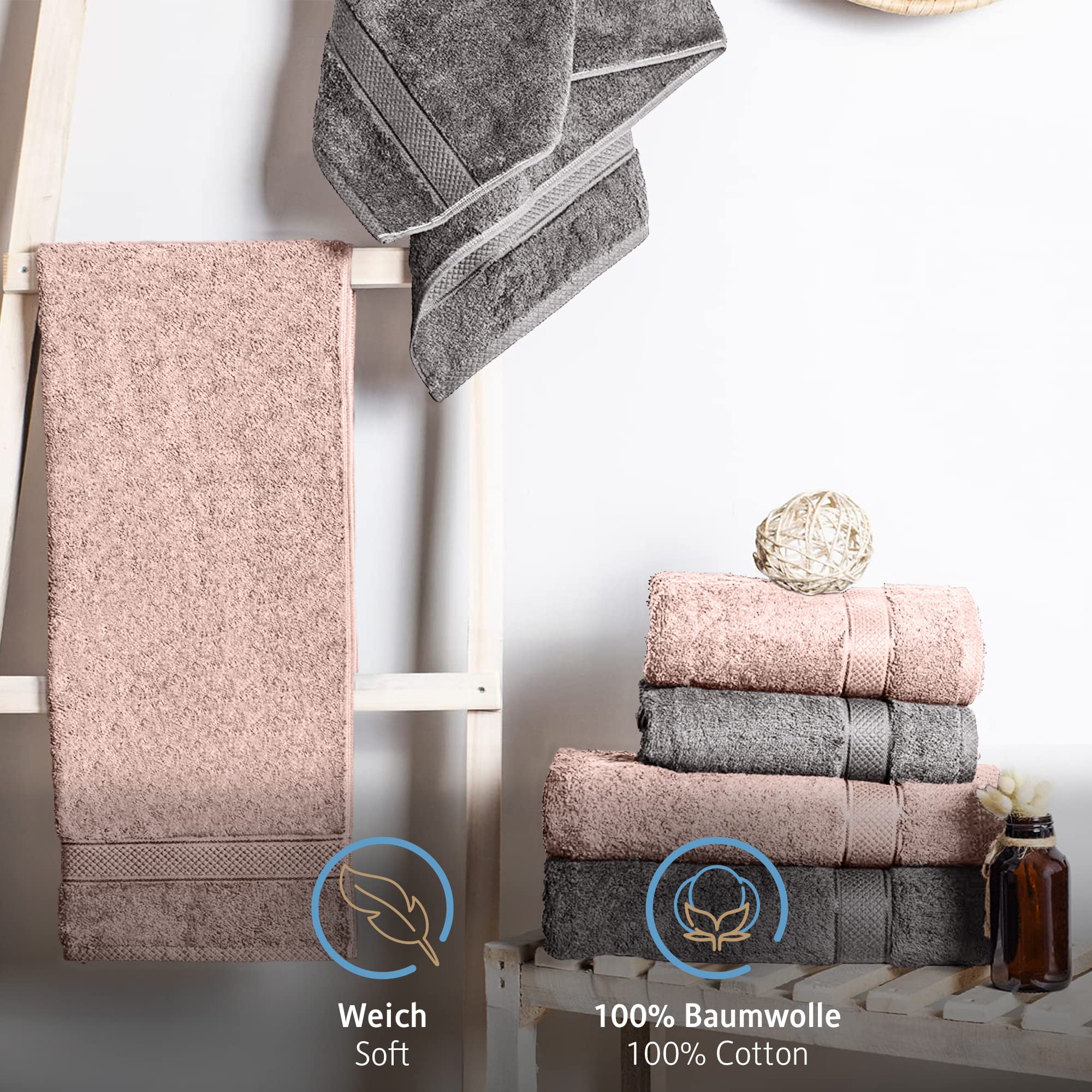Komfortec Zestaw 8 ręczników ze 100% bawełny, 8 ręczników 50 x 100 cm zestaw, frotte, miękki, antracyt/różowy