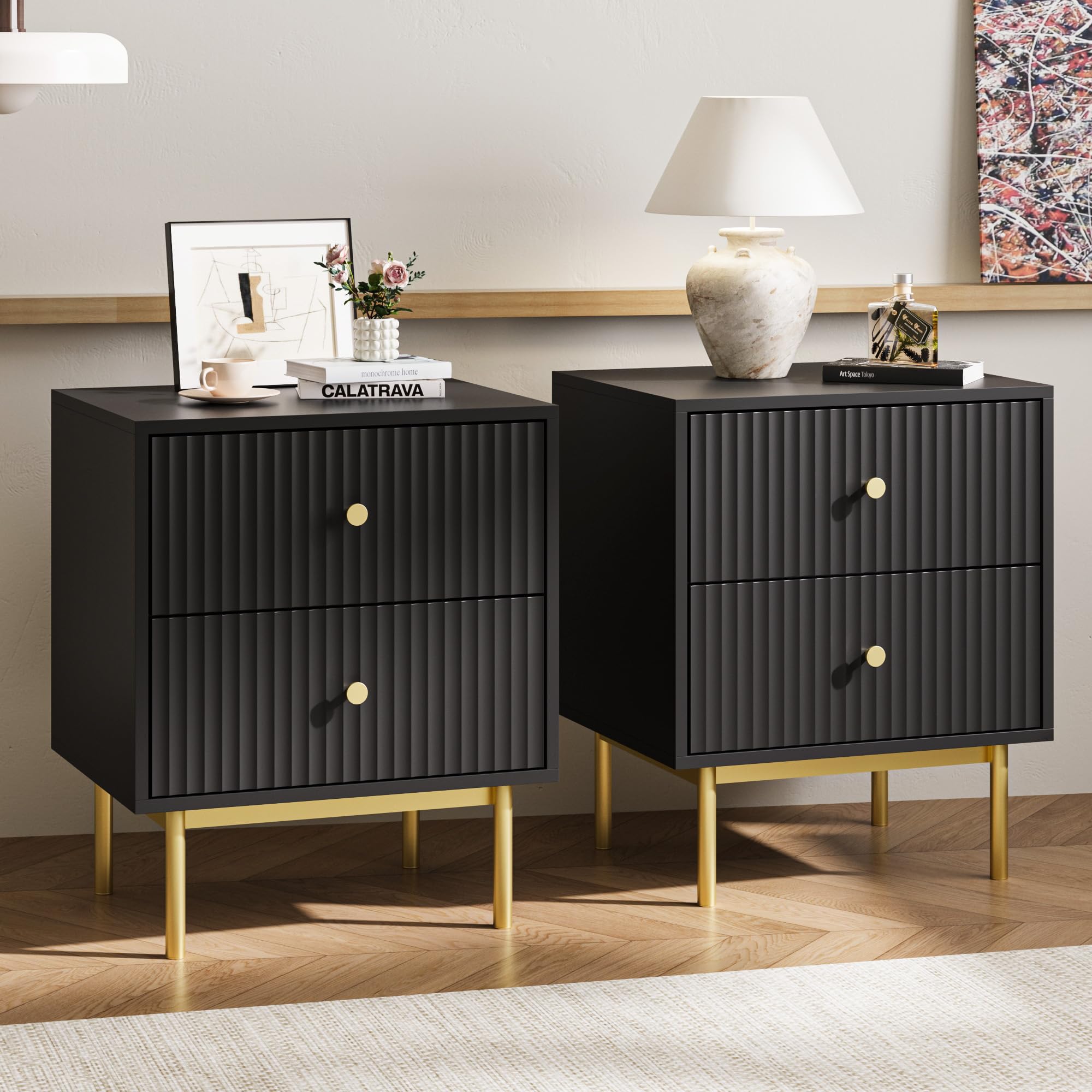 Black Nightstand with 2 Drawers, Fluted Nightstand Set of 2, Sofa Side Table, Bedside Table for Bedroom, Curved Profile Design 2 Black