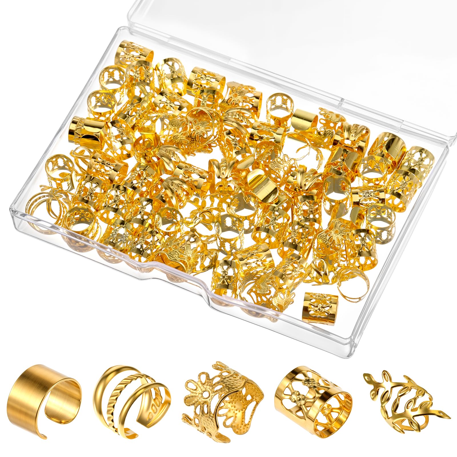 View 1 of 100 Pcs Gold Dreadlock Beads Locs Accessories, Hair Jewelry Braids, Soft Metal Adjustable Braiding Cuffs Clip, Braiding Hair Rings for Dreadlock Accessory, Crochet Passion Twist Hairs Rings for Women