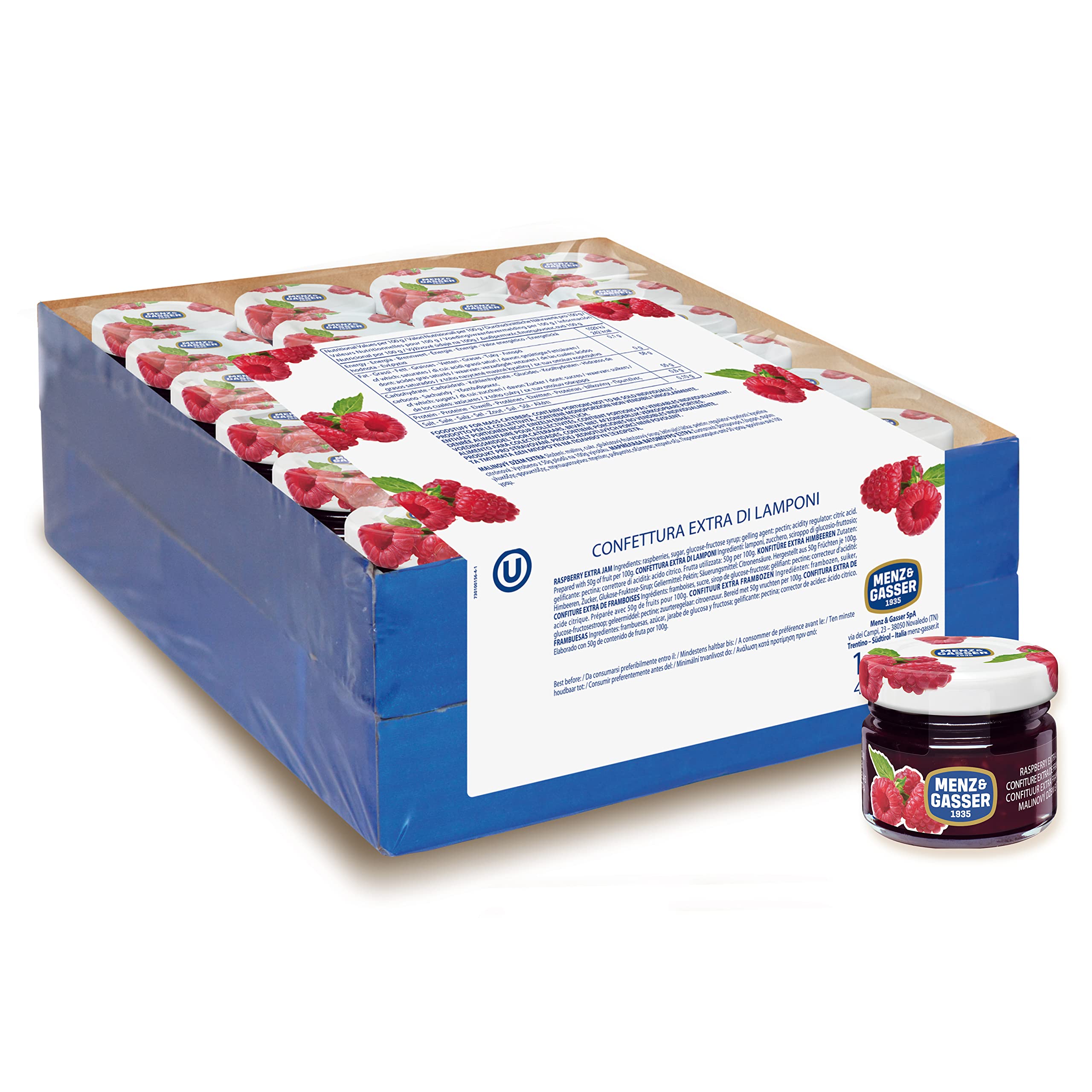 Menz&Gasser Confettura Extra di Lamponi Monodose Premium Quality, con Frutta di Alta Qualità, 48 Vasetti x 28 g