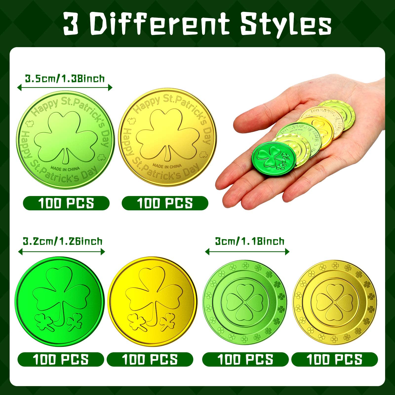 Sanwuta 600 Pieces St. Patrick's Day Gold Coins Plastic Gold Green Lucky Coins St Patricks Day Decorations 3 Leaf Clover Coins Shamrock Leprechaun Coins for Party Table Decorations Supplies