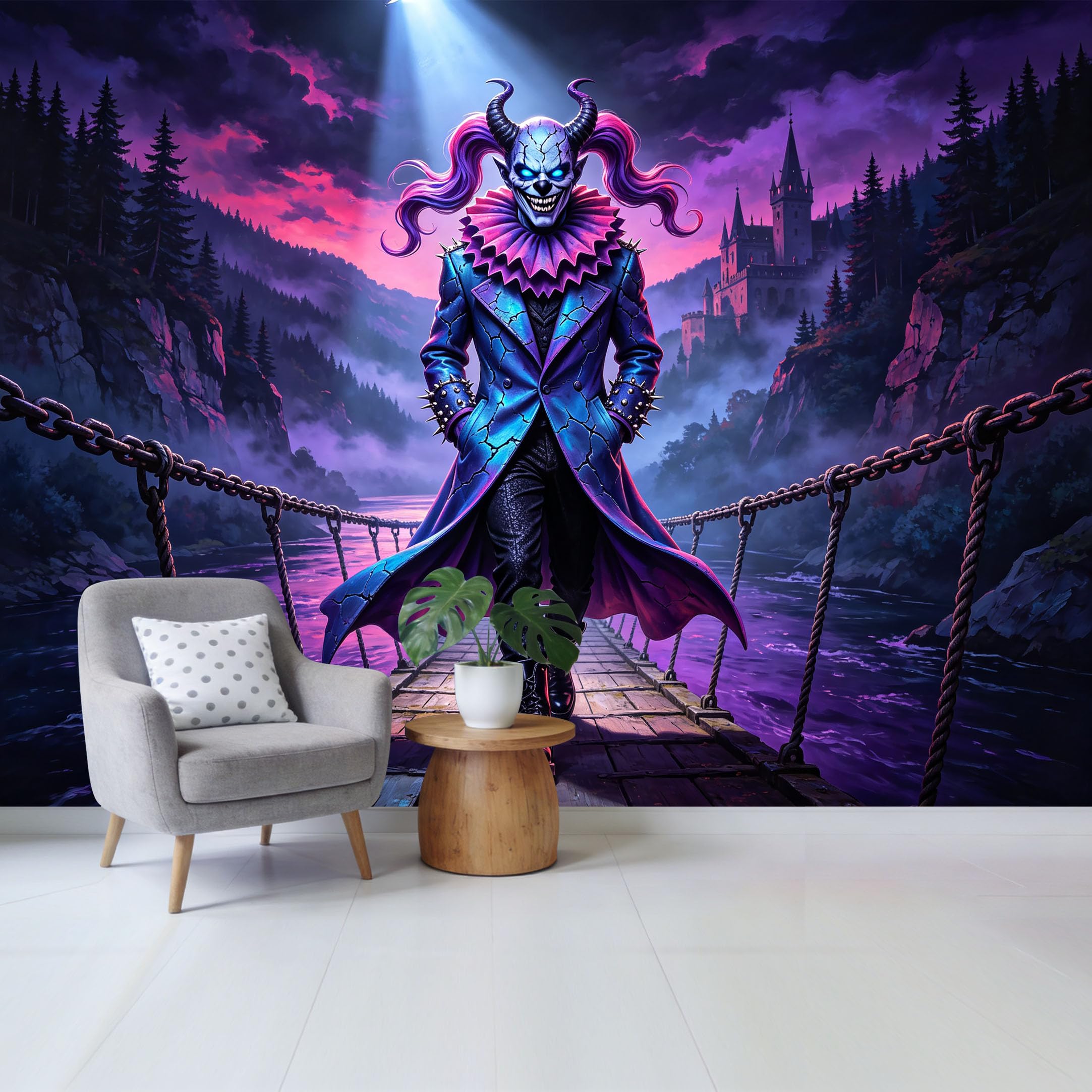 Custom Size Wall Mural Fantasy Dark Clown Bridge Forest Castle 3D Trompe L'Oeil Removable Self Adhesive Fabric，Home Wall Decor for Living Room Bedroom Bathroom