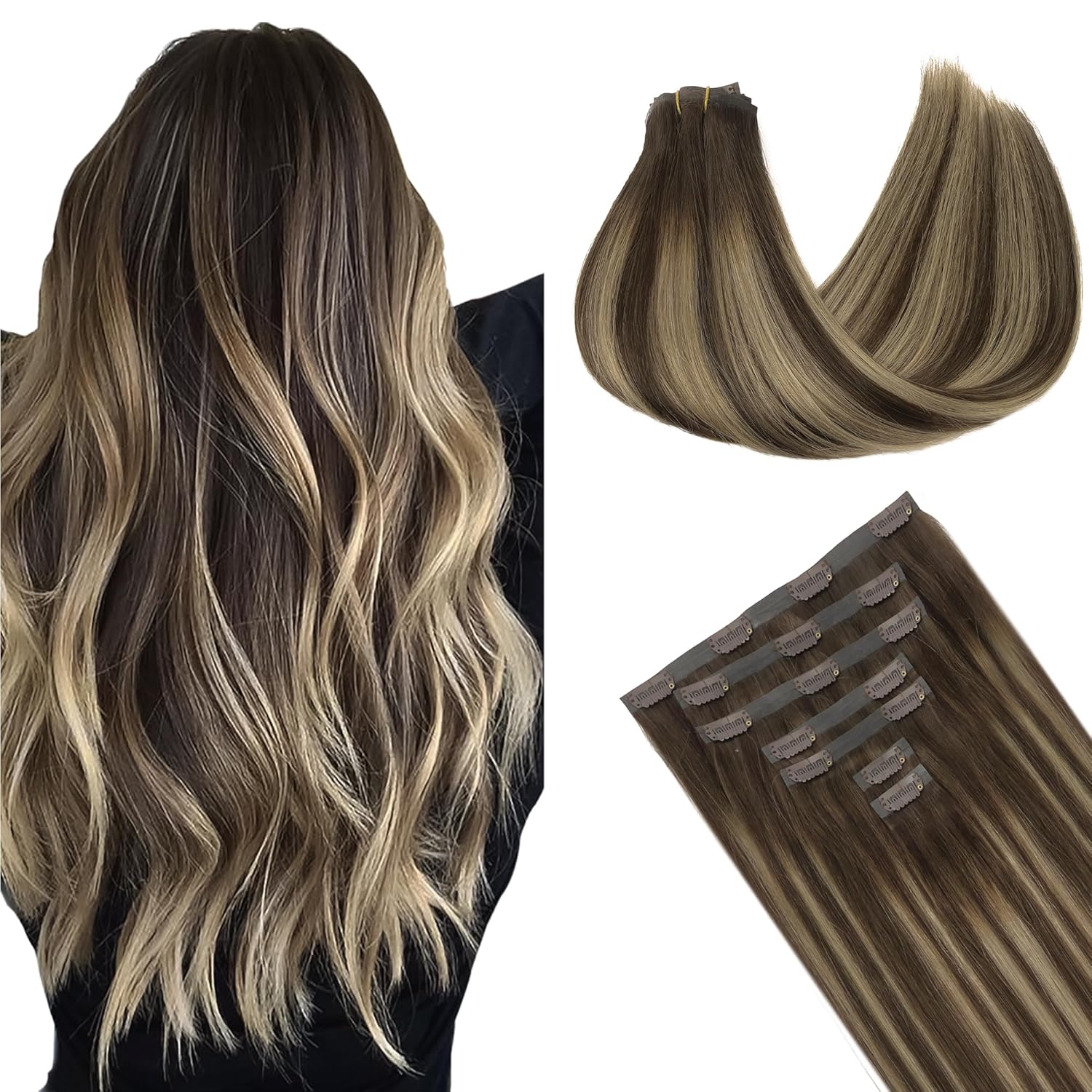 GOO GOO Clip in Hair Extensions Real Human Hair, Remy Human Hair Extensions Clip ins for Women, Natural Human Hair, 16inch 130g 7Pcs, 4/26/4 Balayage Chocolate Brown to Honey Blonde 16 Inch-130g-7Pcs #S-4/26/4 Balayage Chocolate Brown to Honey Blonde