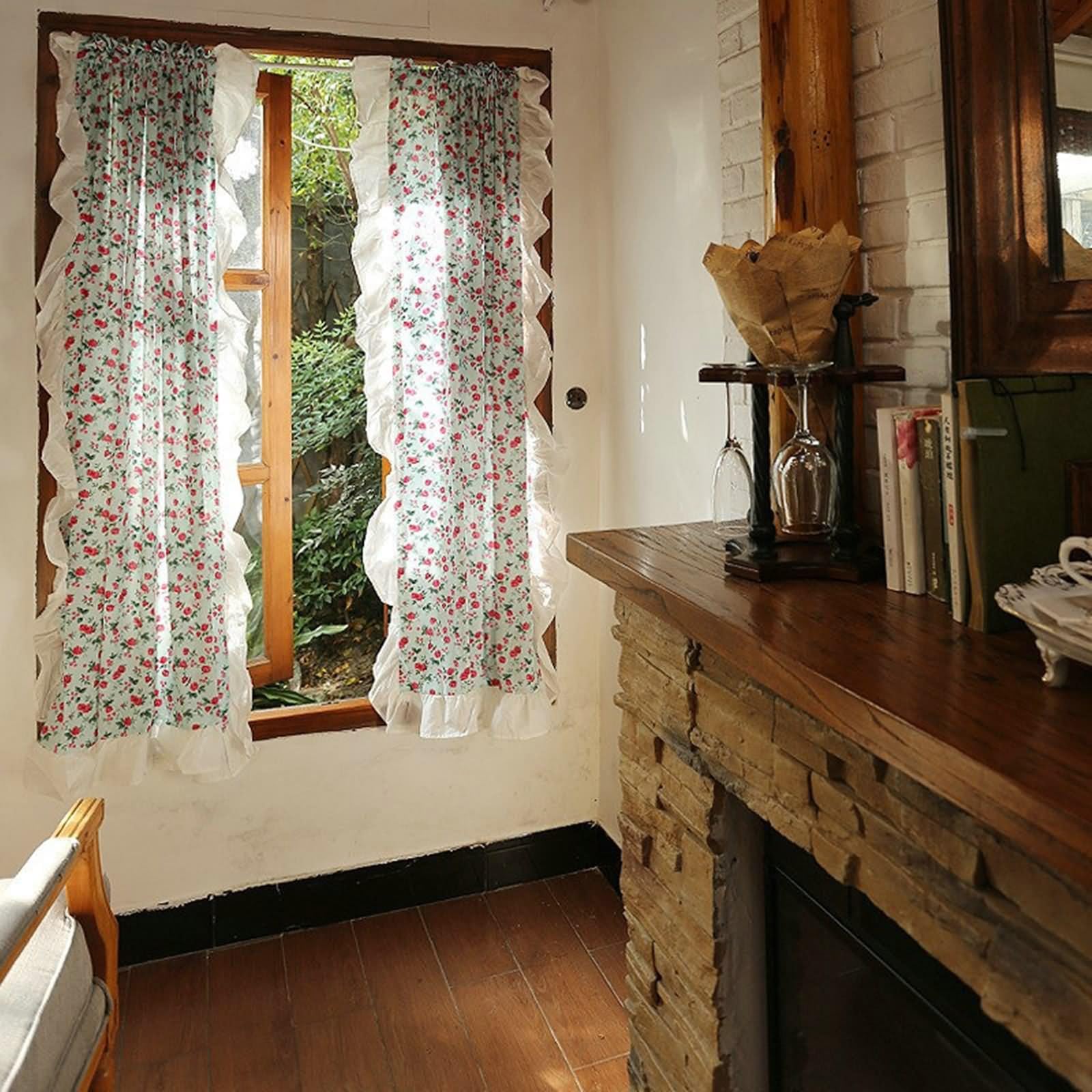 Confezione da 1 tendine moderne opache, stile rustico, blu, rosso, bianco, con motivo floreale, asta di cotone, 160 x 110 cm