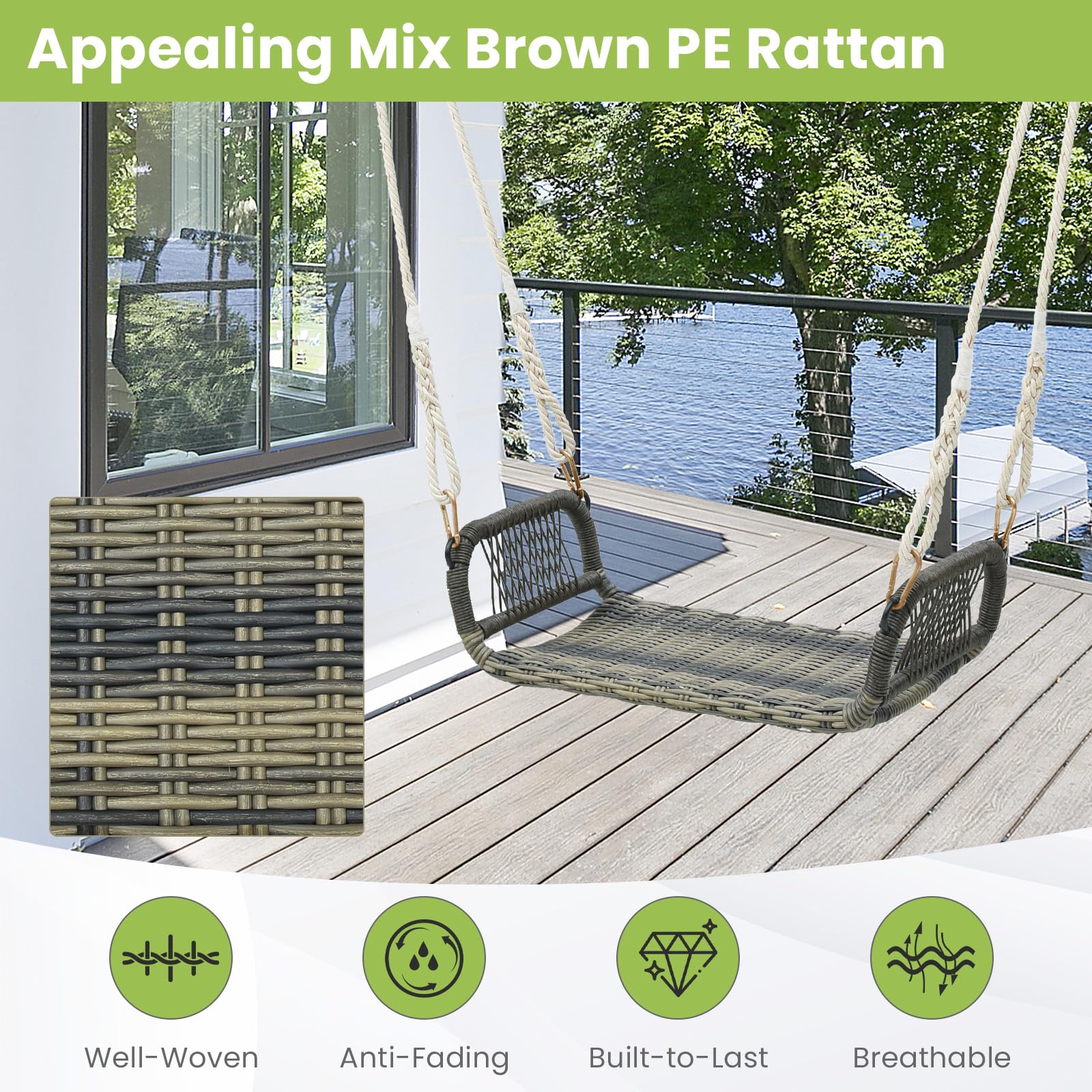 LIFEZEAL Outdoor Schaukel, hängeschaukel aus PE-Rattan & Metall, Hängesitz mit Armlehnen, Gartenschaukel mit 2 Seilen für Veranda, Baum, bis zu 180 kg