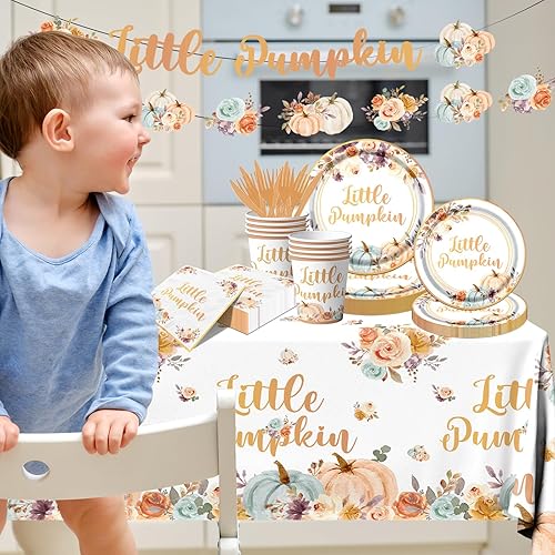 Miniatura 6 de Decoraciones de baby shower de calabaza pequeña, 142 piezas de vajilla temática de calabaza de otoño, platos de fiesta para niños y niñas, baby
