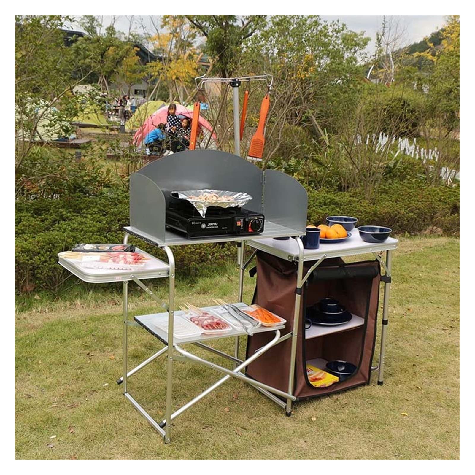 Onlyfire Tavolo da Picnic Pieghevole,Tavolo da Campeggio con Gambe Regolabili,Tavolo da Barbecue Portatile all'aperto con Parabrezza a Tre Lati e mensola per Spiaggia, Pesca, Barbecue, Campeggio(Nero