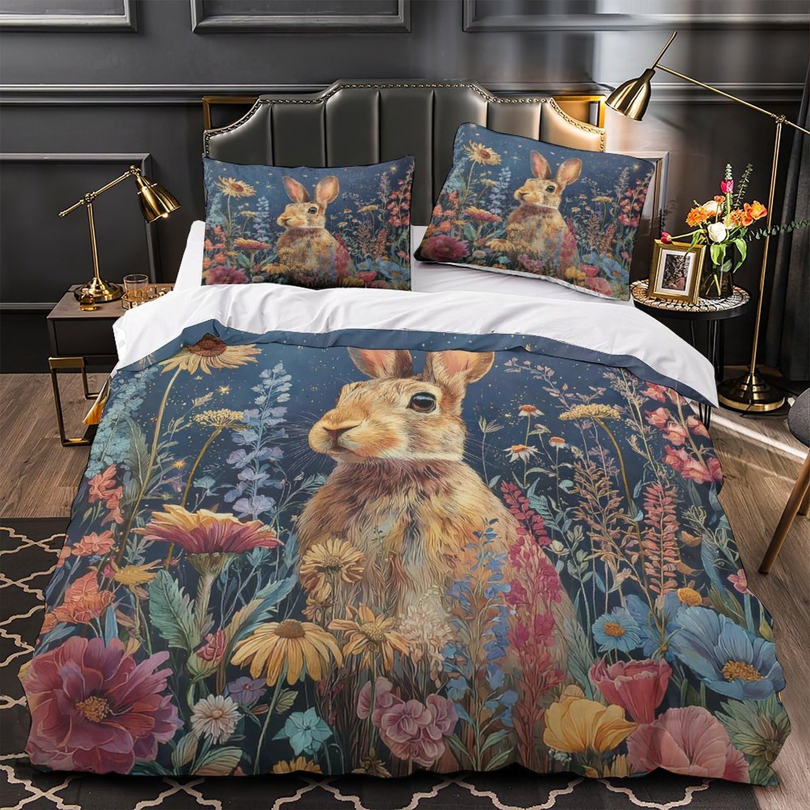 Housse de couette lapin 3D 260x220 cm en microfibre avec 2 taies d'oreiller