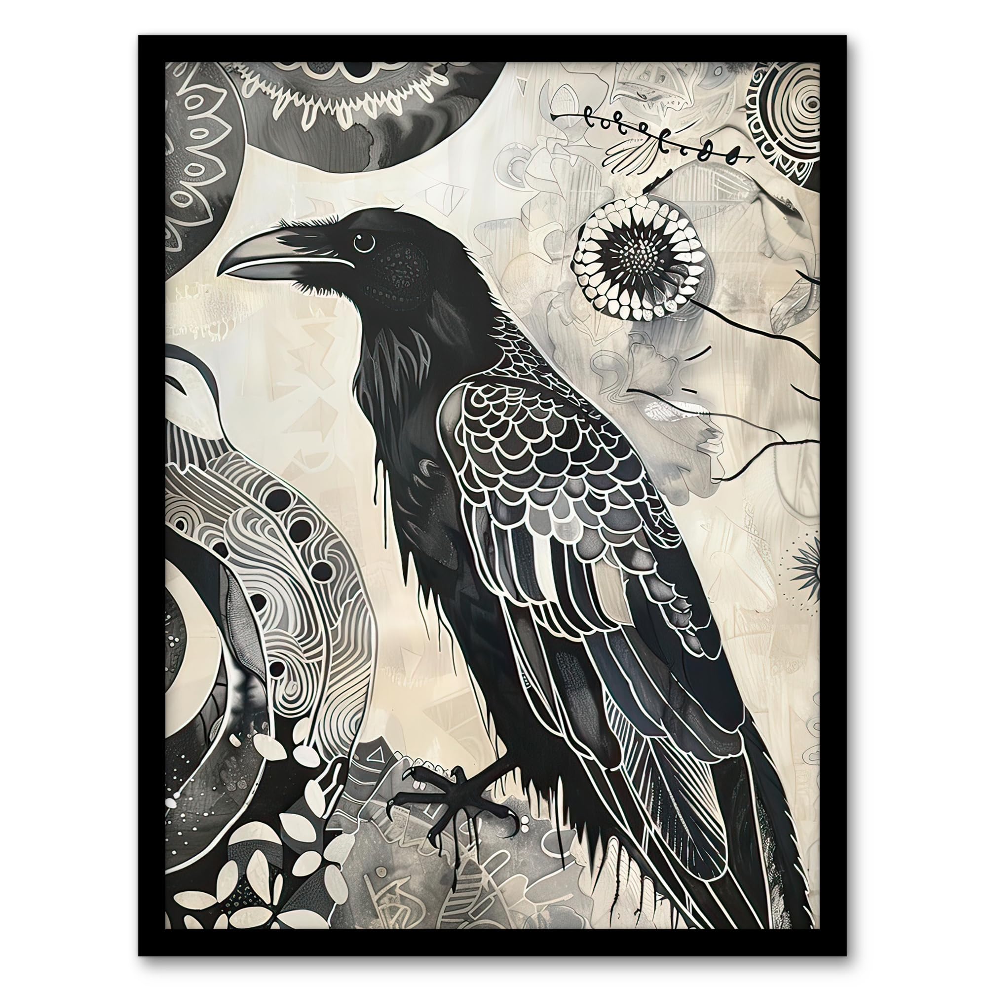 Artery8 Black Raven Bird Painting Magic Gothic Symbolic Living Room Artwork Framed Wall Art Print A4