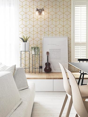 Miniatura 5 de Safiyya Papel tapiz geométrico dorado y blanco, papel de contacto moderno para despegar y pegar para gabinetes que cubren rollos de vinilo de 78.7 x