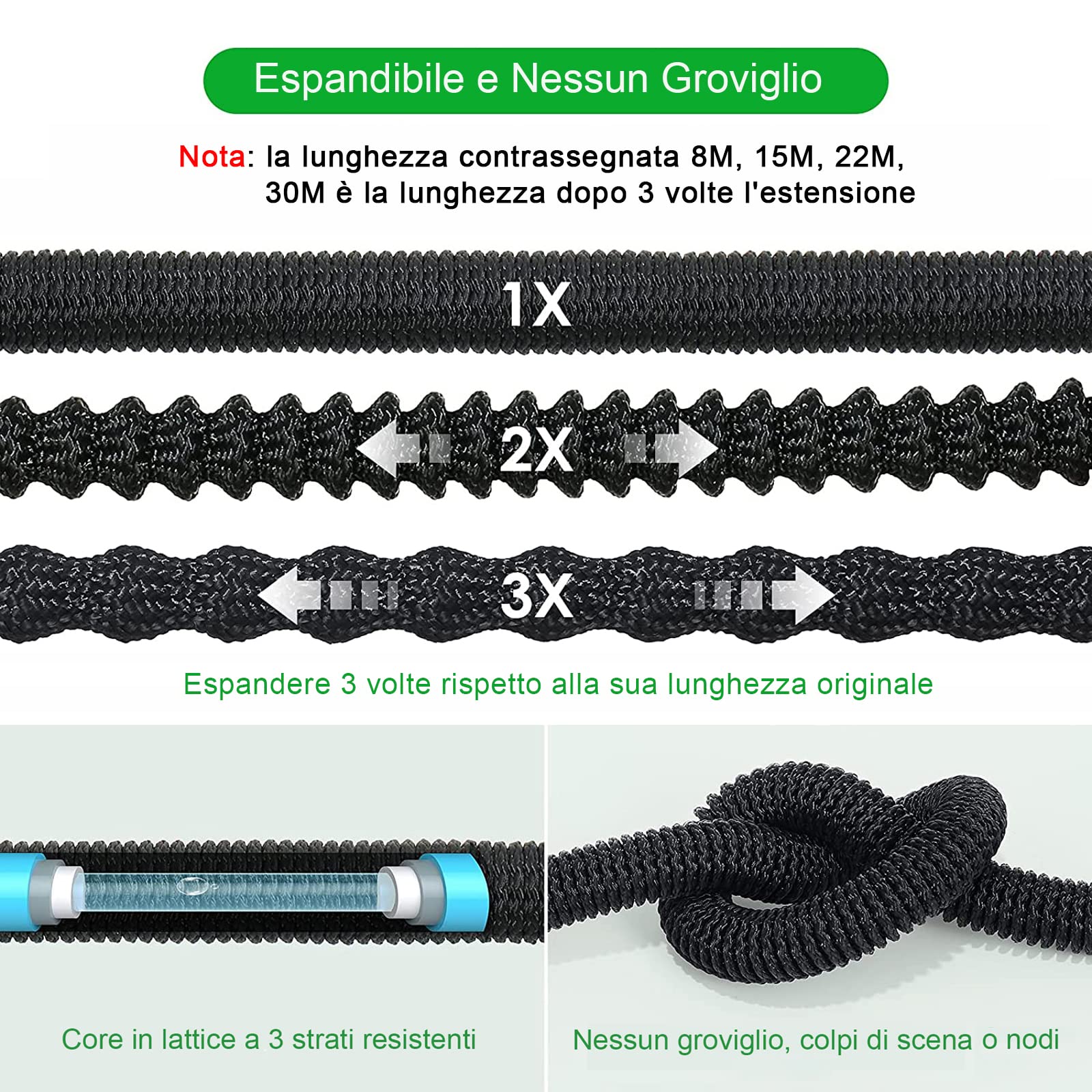 Tubo da giardino estensibile da 30M (10M*3), ugello a spruzzo a 8 funzioni, tubo interno con anima in lattice migliorata Adatto per rubinetti da 1/2" e 3/4", gancio e borsa per il trasporto
