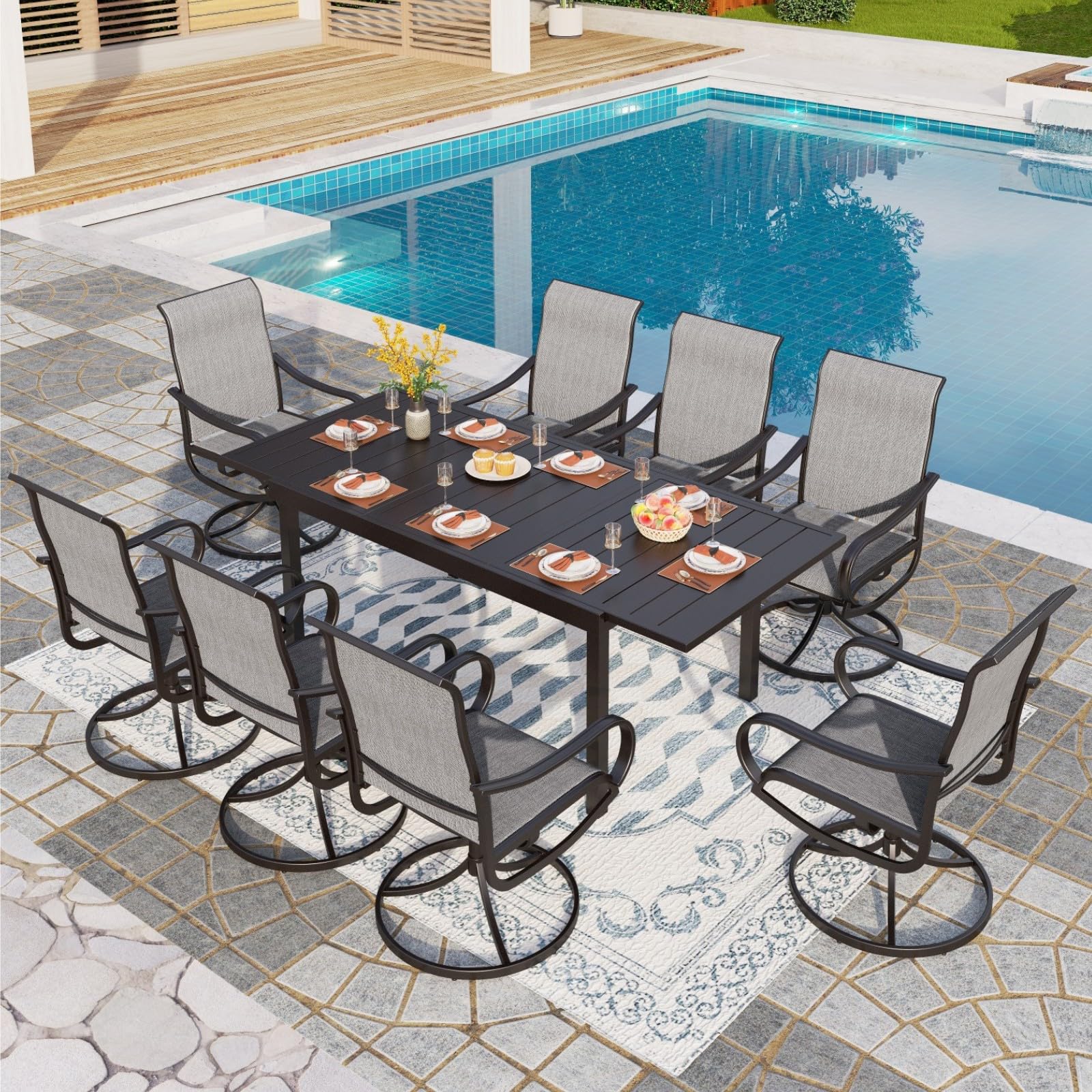 PHI VILLA 9 Piece Outdoor Patio Dining Set, Extendable Large Patio Table and 8 Swivel Dining Chairs, Outdoor Furniture Table and Gray Chairs Set for 6-8 Person