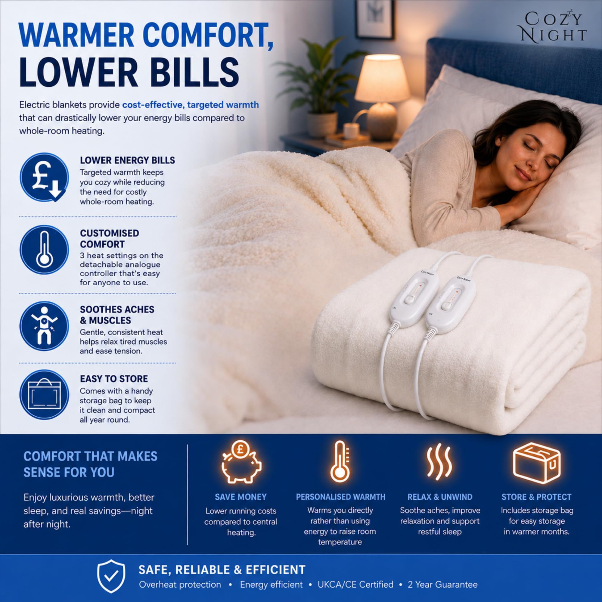 Cozy Night Coperta elettrica doppia, dimensioni 140 x 192 cm, morbido coprimaterasso con angoli, cinghie angolari a montaggio rapido, 3 impostazioni di calore, doppio controllo 70 W e lavabile in