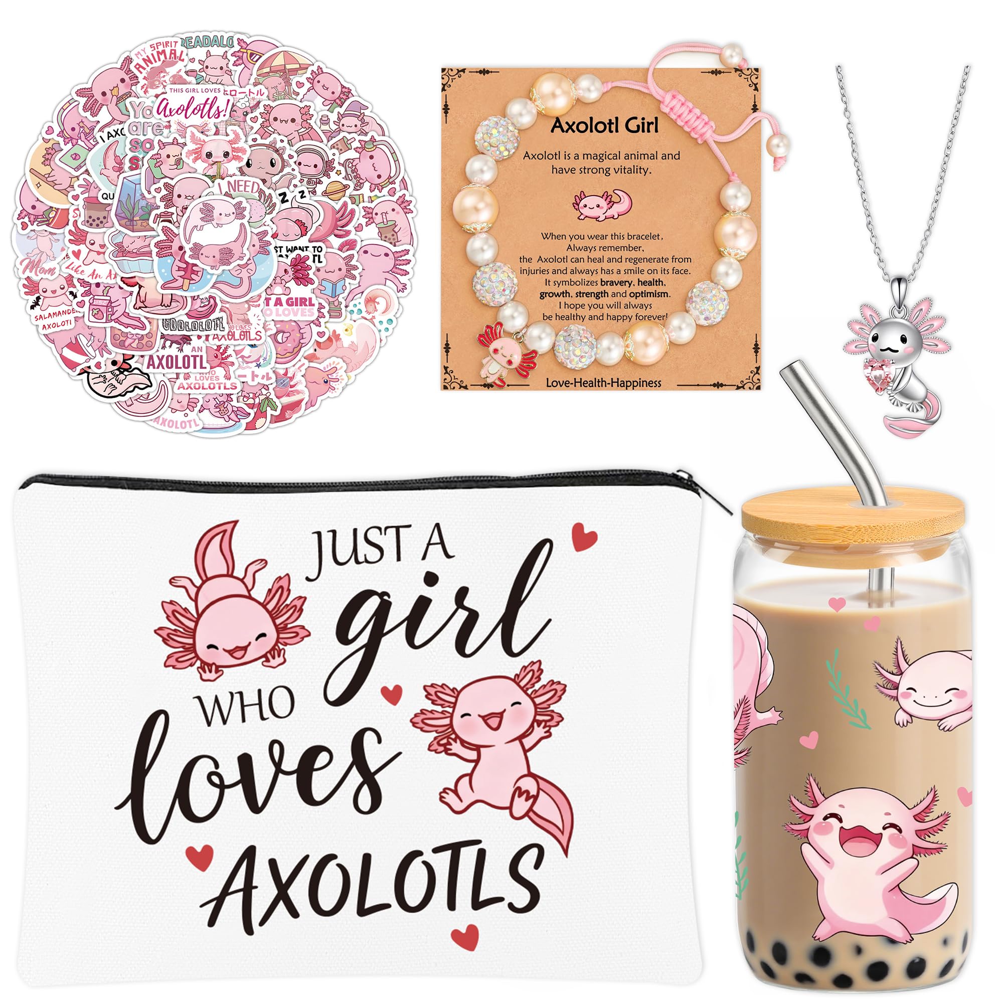 Axolotl Gifts for Girls, Axolotl Stuff Gift Set with Glass Cup, Makeup Bag, Necklace, Bracelet & 100 Stickers, “Just a Girl Who Loves Axolotls” Gifts for Teens, Daughters & Axolotls Lovers Birthday