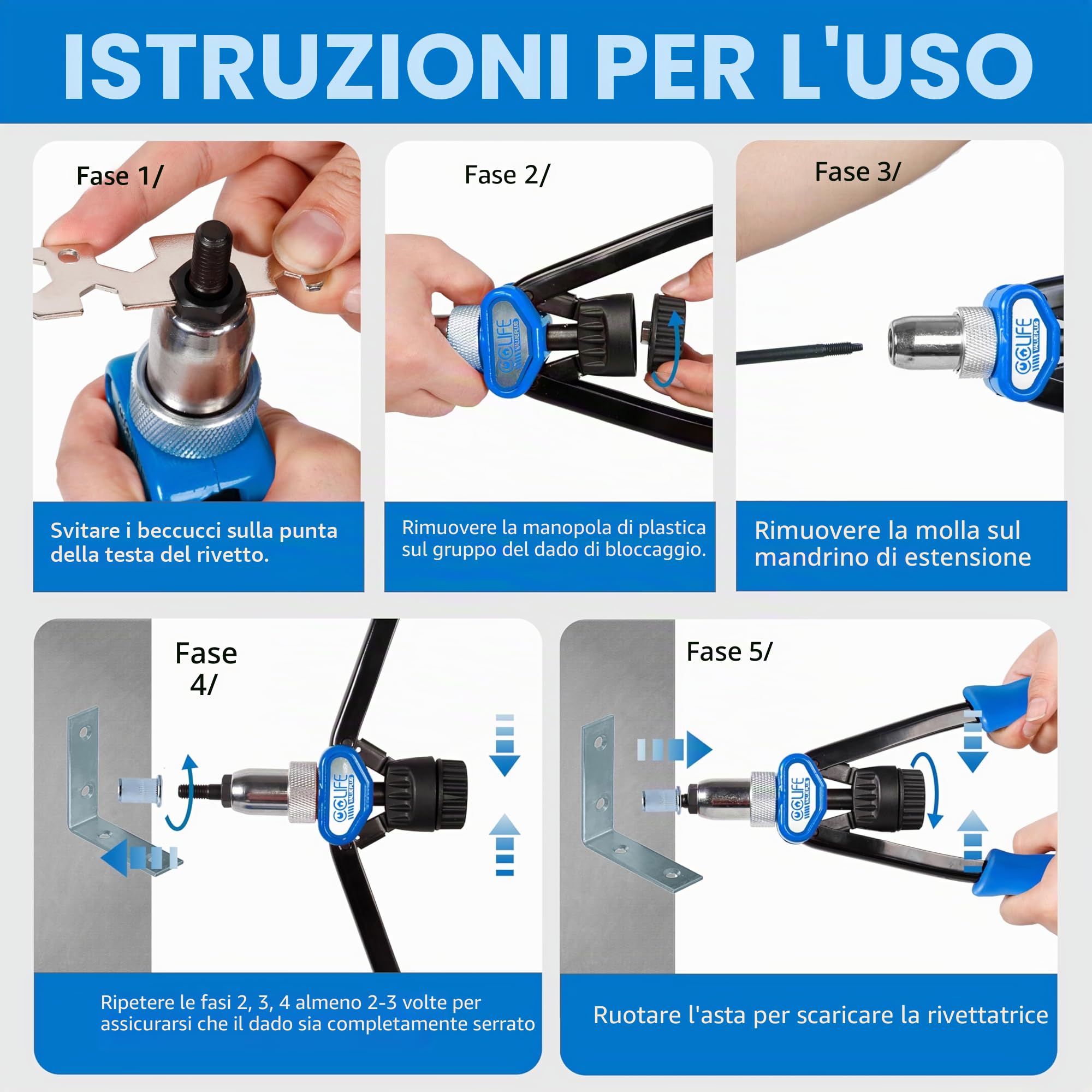 CCLIFE Rivettatrice Manuale per Inserti Filettati, Set con Mandrini M5 M6 M8 M10 M12 e 150 Dadi per Rivetti in Acciaio Inossidabile
