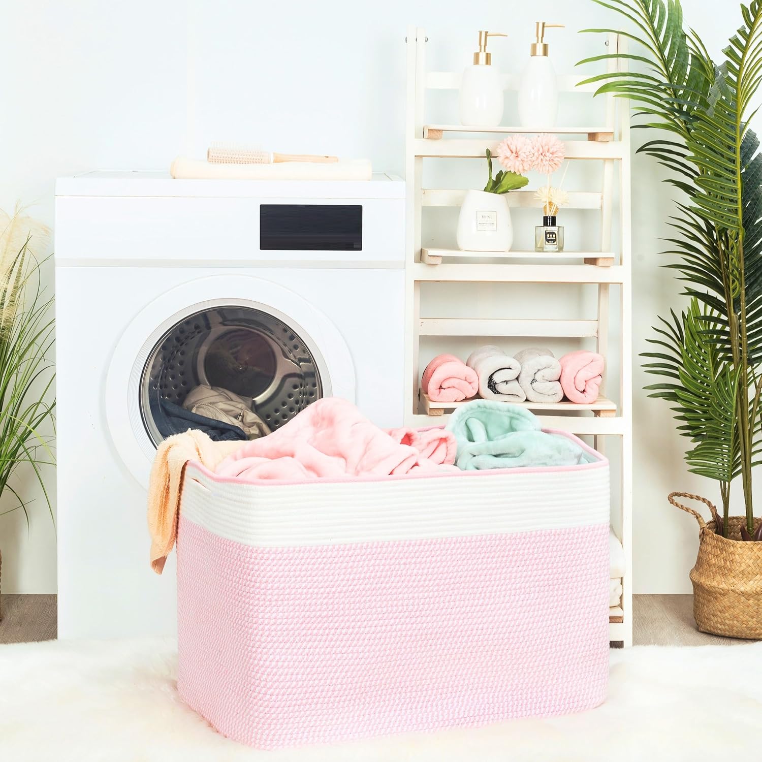 MINTWOOD Design 112L Extra Large Blanket Basket Holder Living Room, 25"x17"x16" Rectangle Rope Woven Storage Basket with Handles for Laundry, Towels, Shoes, Dog Toy Organizer Bin Box, Light Pink image 4