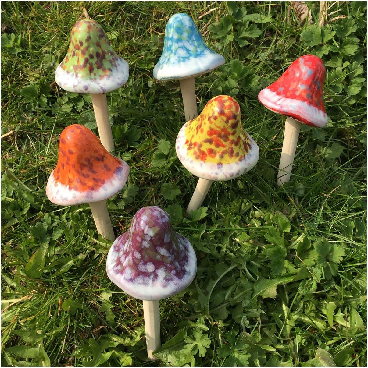 Bobble Top Toadstool Ceramic Ornaments Set of 6 Garden Decor Mushrooms Perfect for Fairy Gardens