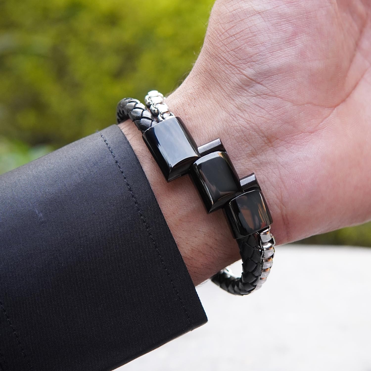 RTZN® Black Leather Bracelets for Men – Premium Artisan Handcrafted Collection – Single, Stacked, & Double Strand Braided Leather, Onyx Stone & Silver Chain Designs – Authentic Men's Leather Bracelets - Image 9