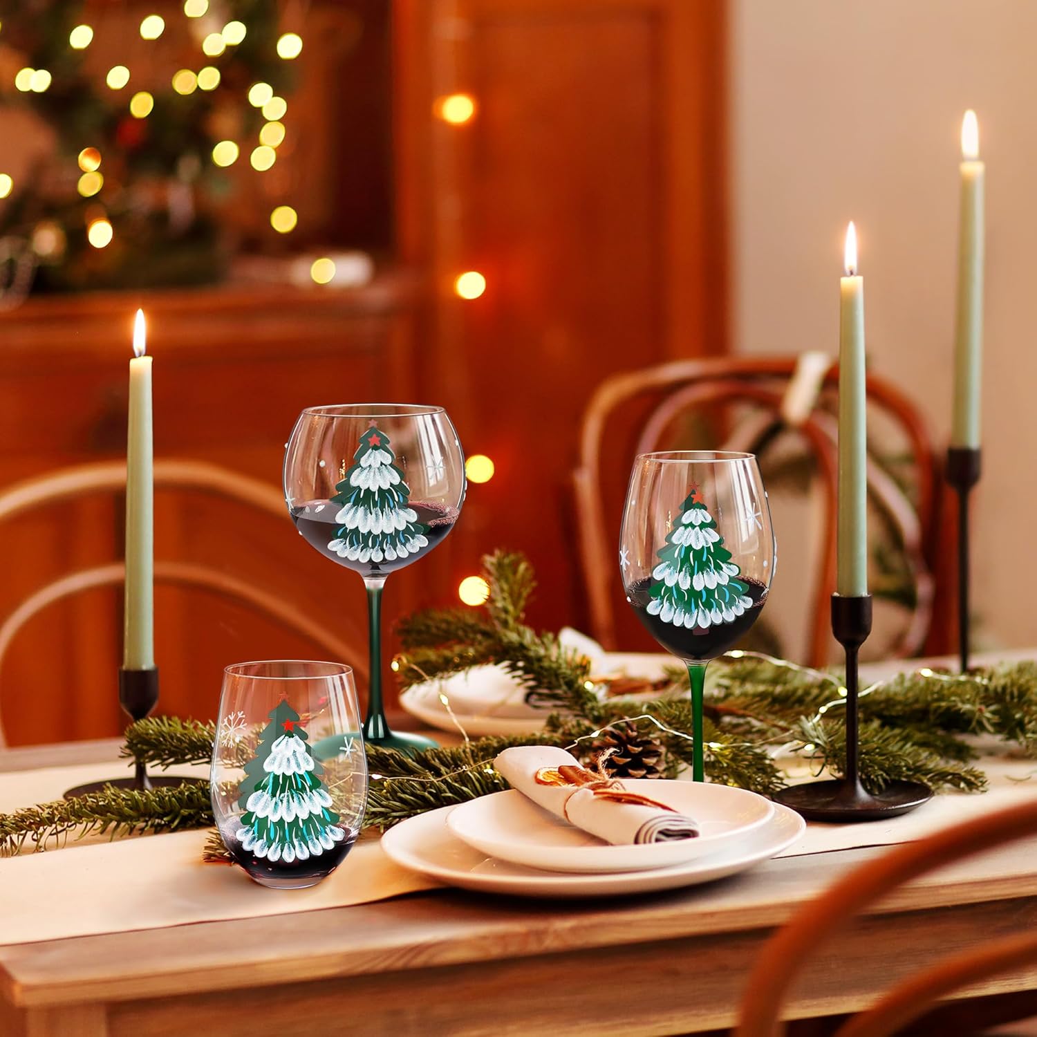 Joeyan Christmas Crystal Stemless Wine Glasses,Hand Painted Red or White Wine Glass Tumbler Cups,Large Green Xmas Tree and Snowflakes Patterned Drinking Glasses,Gift for Men Women Family,19oz,Set of 2 - Image 5