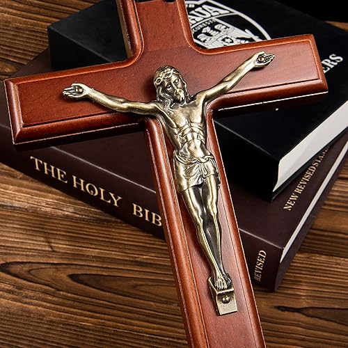 Miniatura 2 de SISSIDA Cruz de pared de crucifijo, cruces católicas de madera hechas a mano para decoración de pared, 12 pulgadas