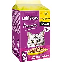 Whiskas Pranzetti Carni Bianche 1+ Adulto, Cibo Umido per Gatto, 12 confezioni ognuna da 6 bustine x 50g (72 Bustine in Totale)