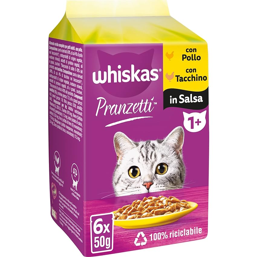 Whiskas Pranzetti Carni Bianche 1+ Adulto, Cibo Umido per Gatto, 12 confezioni ognuna da 6 bustine x 50g (72 Bustine in Totale)
