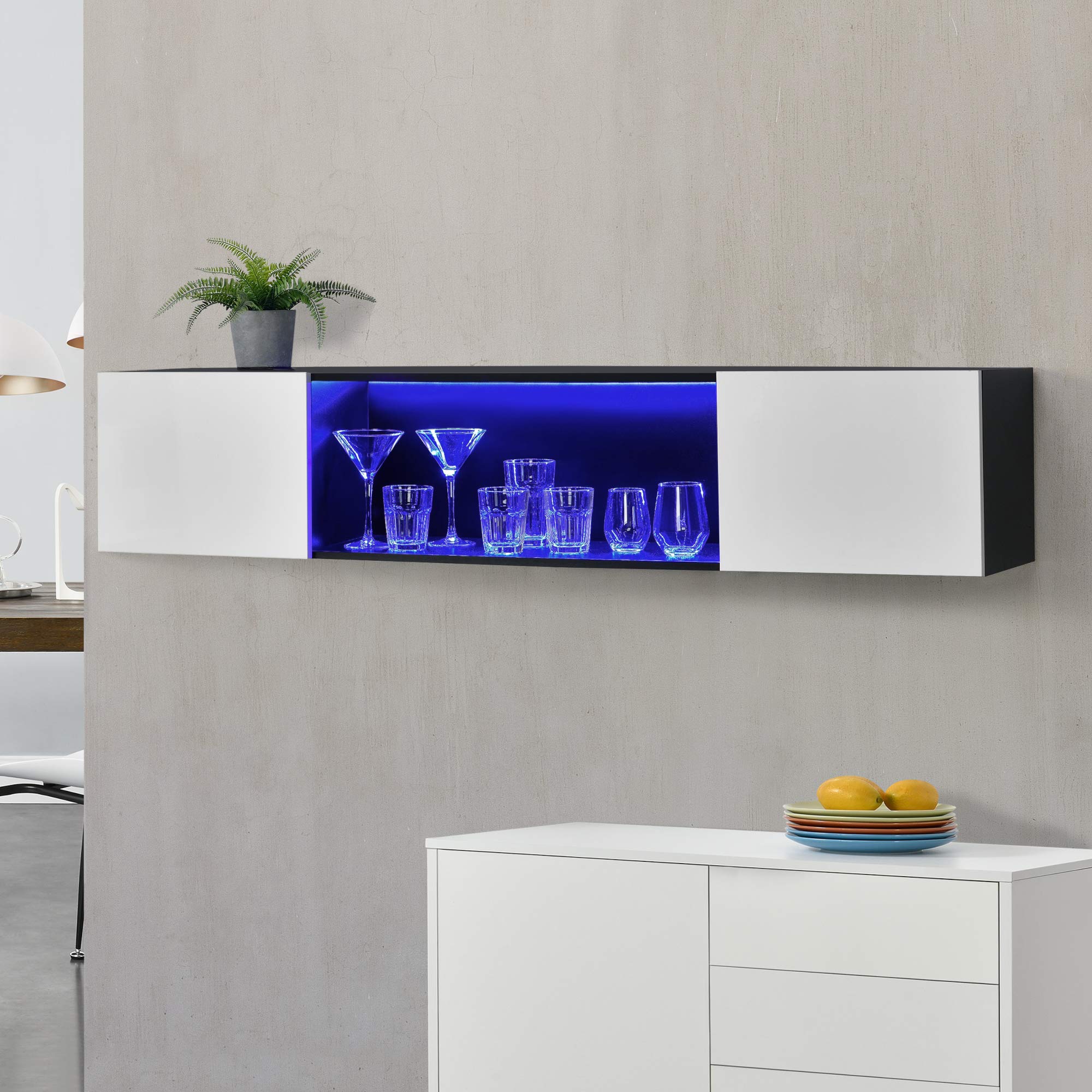 Armario de Pared Elegante con iluminación LED Azul 150 x 30 x 30 cm Mueble de Salón para TV Flotante Cómoda Consola 2 Puertas y un Estante para Almacenar Iluminación Interior