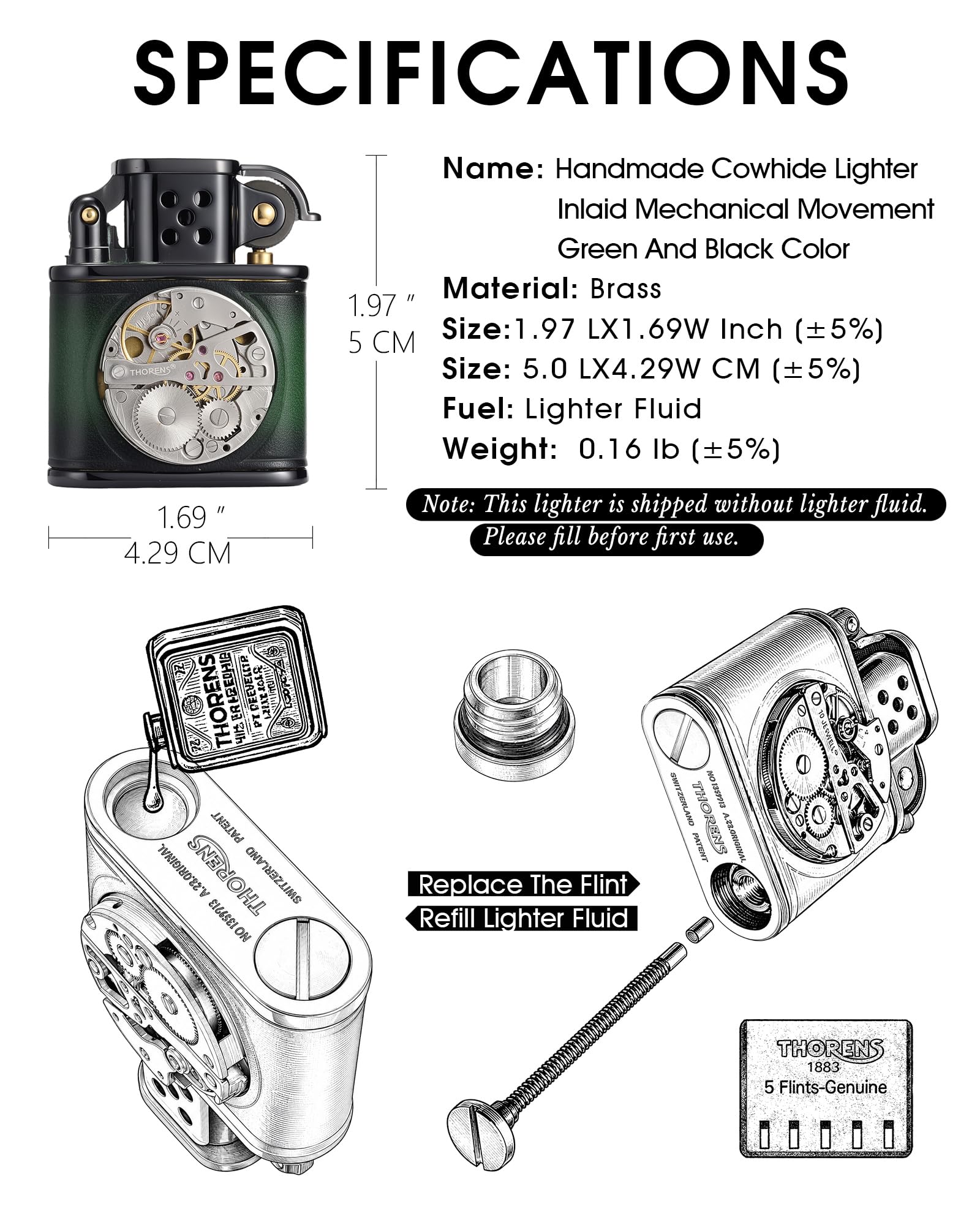 Briquet à kérosène en Laiton Suisse Fait Main avec Mouvement mécanique incrusté et Cuir de Vache – Coupe-Vent – Vintage – pour extérieur – Classique – Cadeau pour Homme – Thorens Vert et Noir