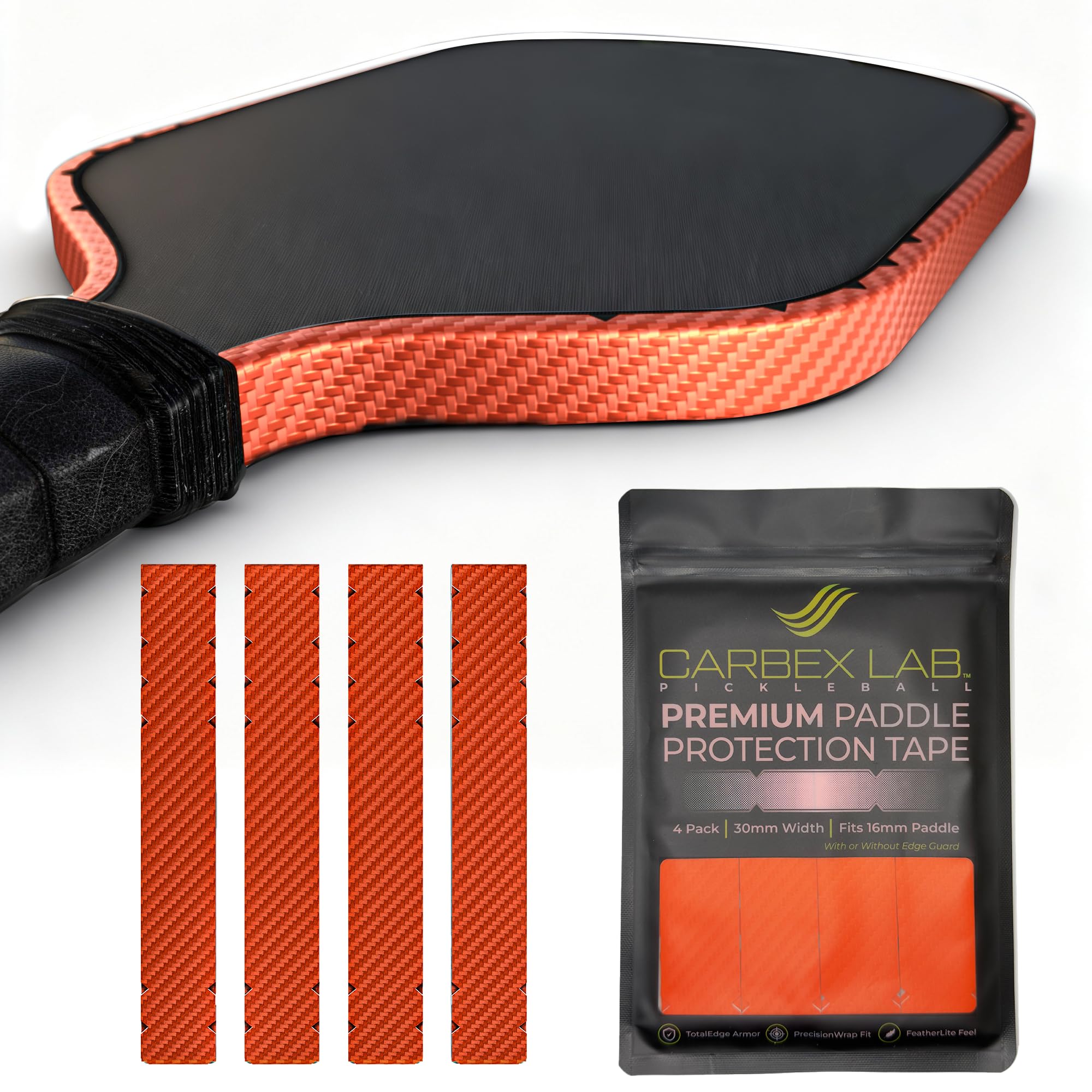 Carbex Lab Pickleball Edge Guard Tape – Carbon Orange – 30mm Width for 16mm Paddle – 4-Pack PU Vinyl Strips – Durable Edge Shield, Lightweight Wrap, Court-Safe Accessory
