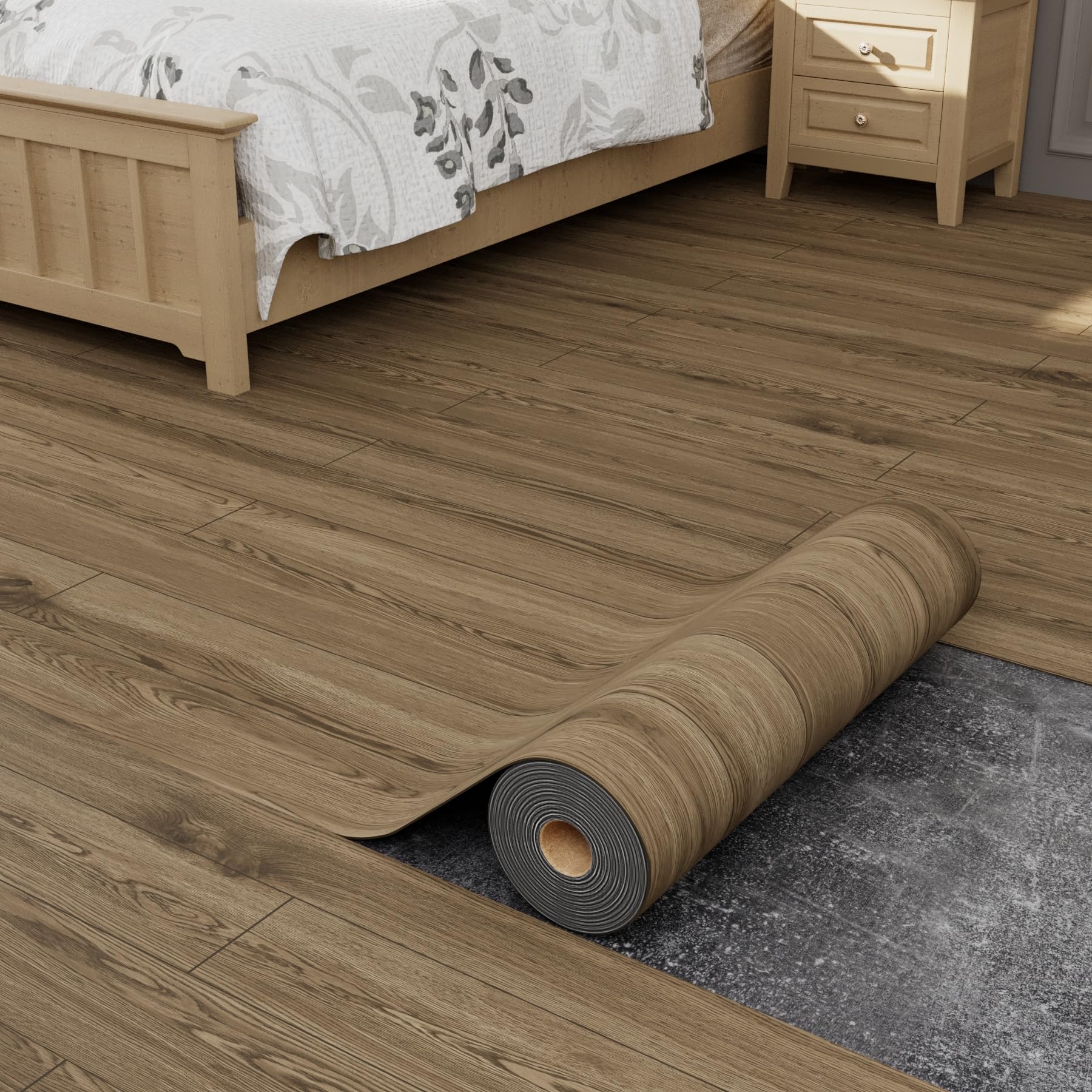 Oxdigi Peel and Stick Vinyl Flooring Roll 23"x 196"/32 Sq.Ft, Thicken Self Adhesive Vinyl Floor Tiles Wood Plank Flooring Waterproof Wear-Resistant for Any Room, Easy DIY Floor Coverings, Brown