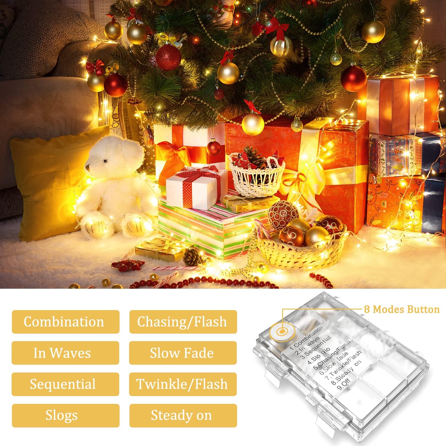 JMEXSUSS 33ft 100 LED Warm White Christmas Lights Outdoor, Battery Power String Lights Waterproof, Twinkle Fairy Mini Lights with 8 Modes Remote Indoor