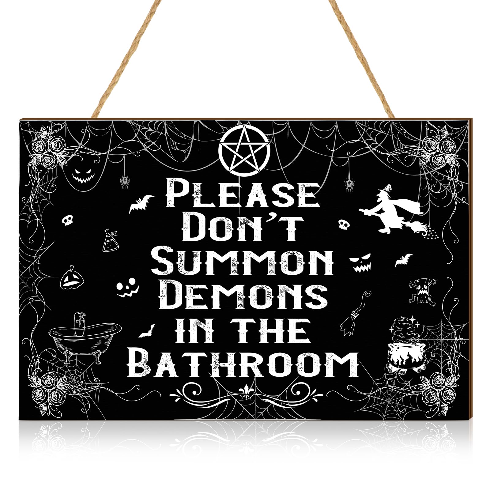 Wesiti Halloween-Badezimmer-Dekor, Gothic-Haustürschild, Hexe Bitte nicht beschwören, Dämonen im Badezimmer, Halloween-Holzschild, hängende Kunst, gruselige Gothic-Raum-Wanddekoration