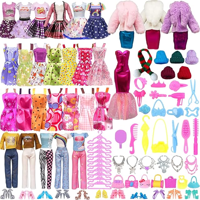 64PCS Doll Clothes and Accessories Set for Barbie, 1 Red Long Dress 10 Suspender Skirts 1 Coat 2 Fashion Dresses 2 Tops Pants 6 Necklaces 2 Bags 10 Shoes 10 Hangers 18 Girls Accessories 1 Scarf 1 Hat