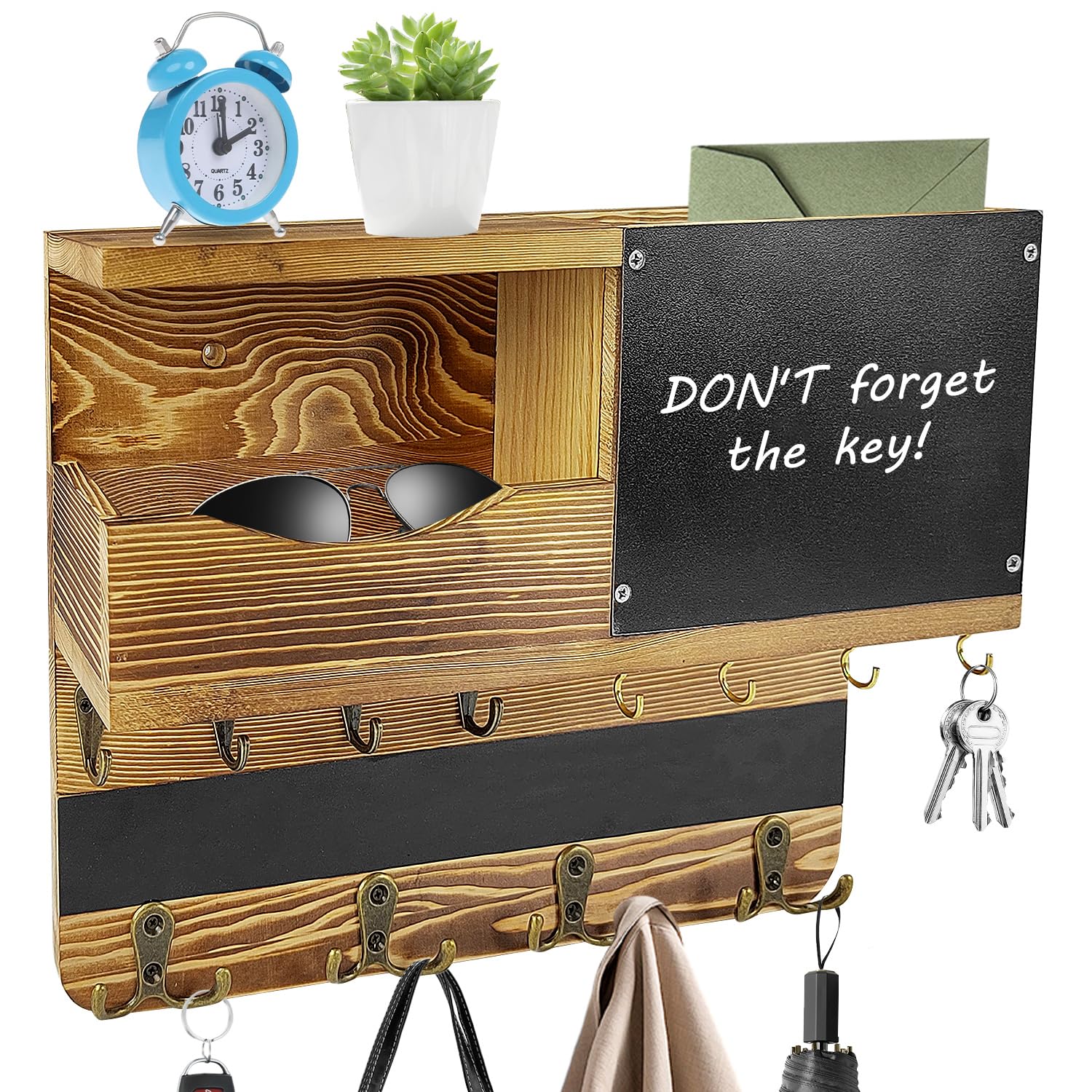 Porta chiave da parete in legno moderno, portaposta a parete e portachiavi con 12 ganci per chiavi, organizer da parete per ingresso, corridoio, cucina, ufficio, soggiorno (colore legno)