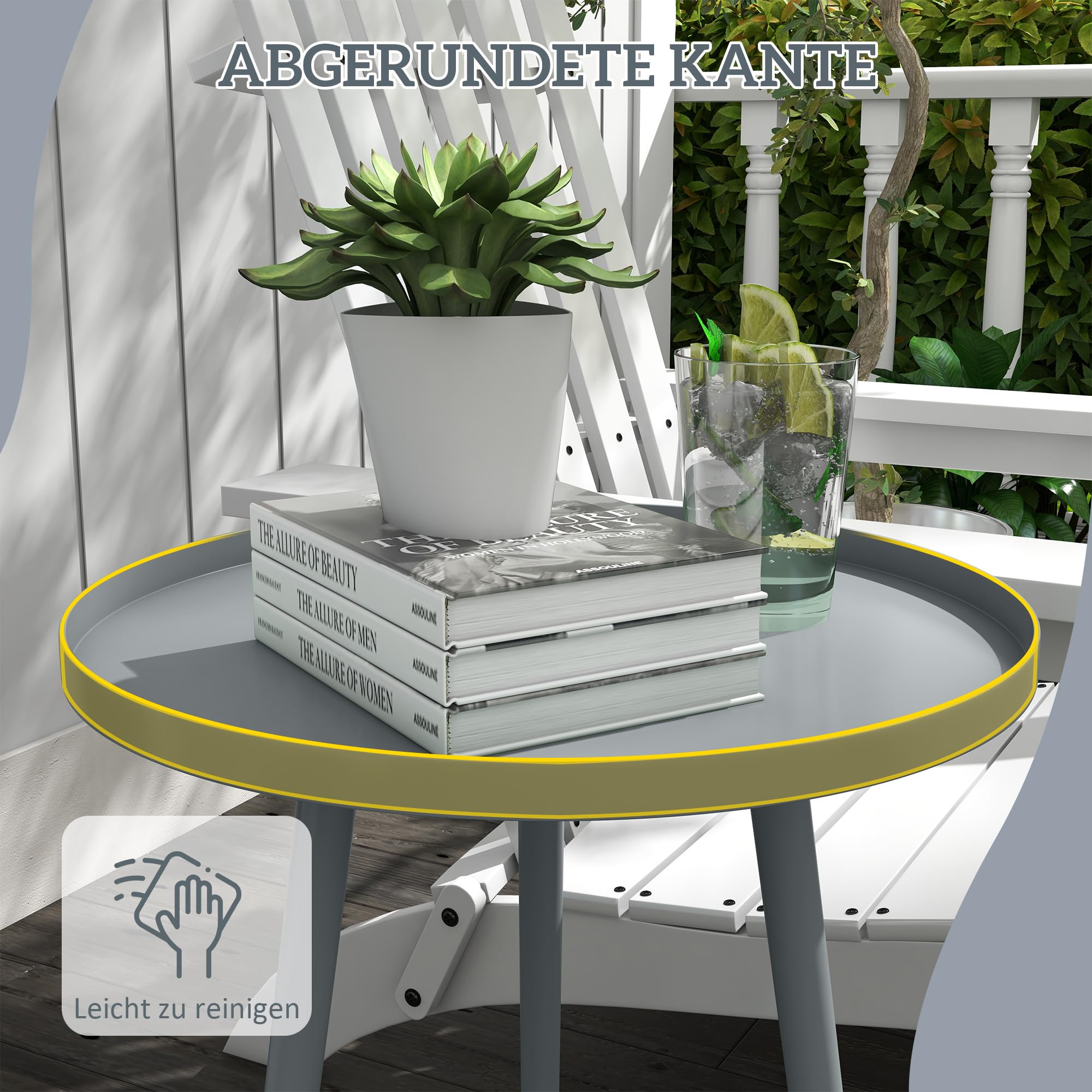 Outsunny Beistelltisch Garten, wetterfester Gartentisch mit erhöhtem Rand, Balkontisch aus Stahl, runder Kaffeetisch 20kg belastbar, Ø40x50H cm, Sofatisch für Outdoor Indoor Balkon Terrasse Grau
