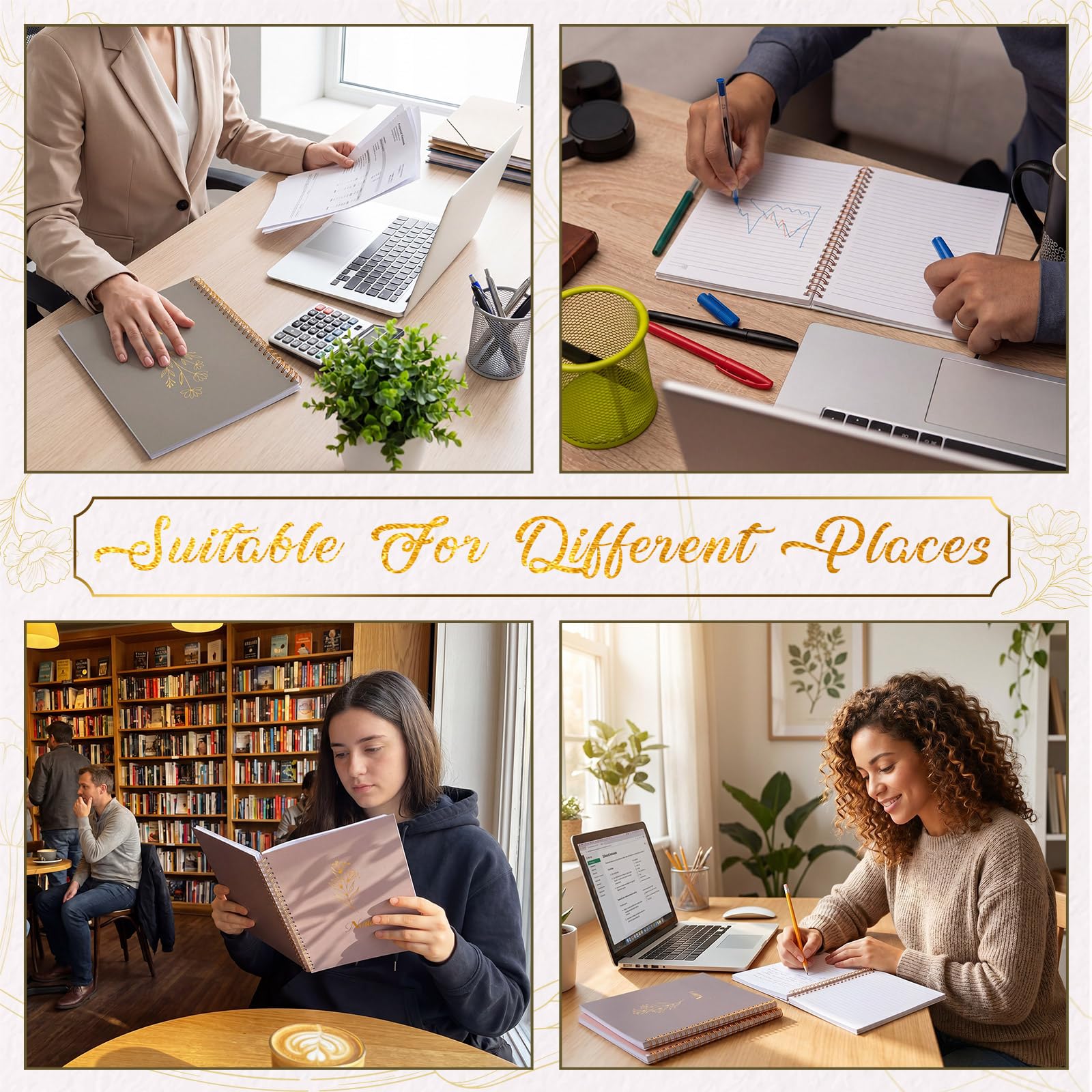 Resurhang Juego de 6 cuadernos estéticos en espiral, diario en espiral de 8.5 x 11 pulgadas con tapa dura para mujeres, 120 páginas A4, cuadernos florales para estudiantes, trabajo, escuela, oficina
