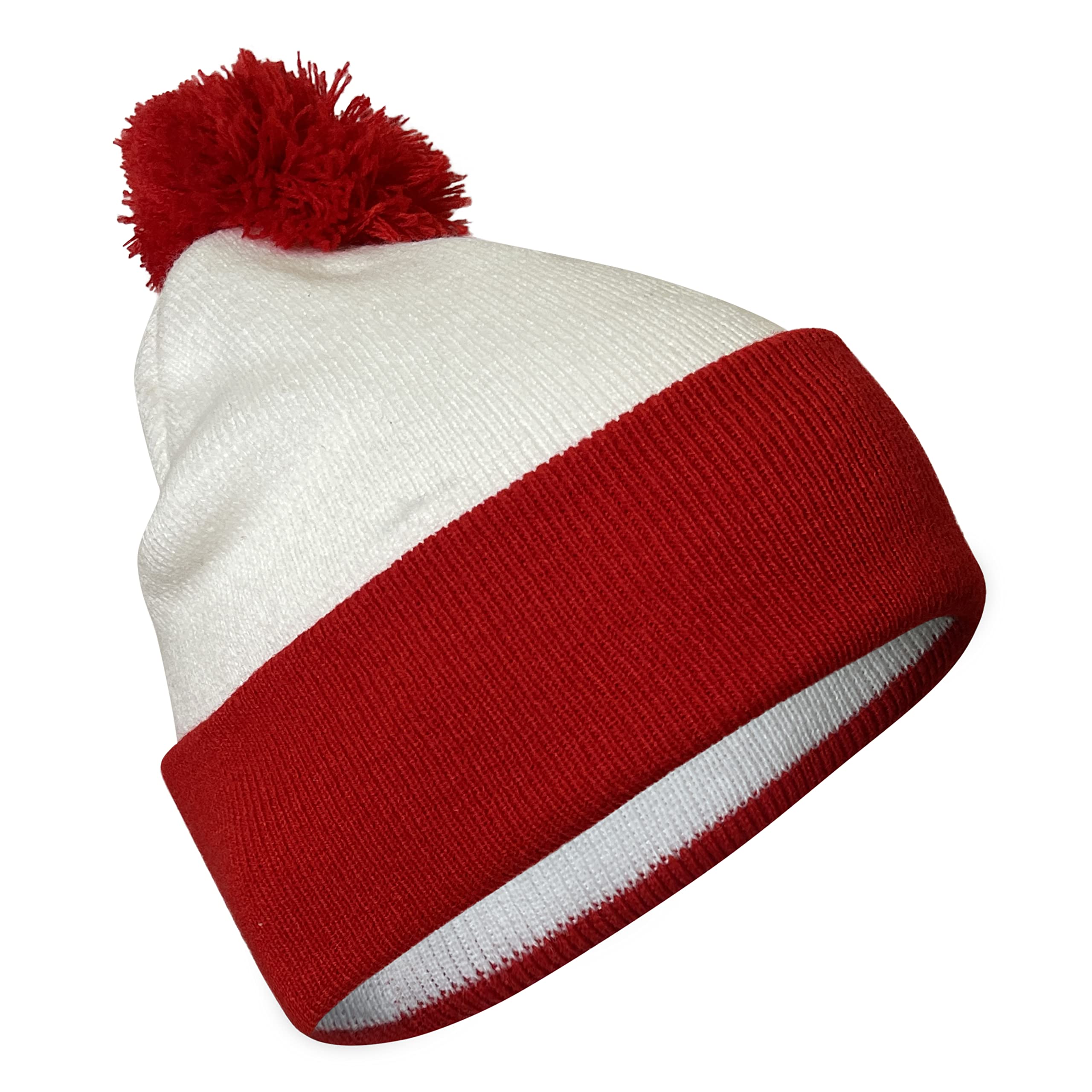 COUVER Womne Winter Cozy Acrylic Knit Beanie Hat with POM POM, White/Red, 1 Piece