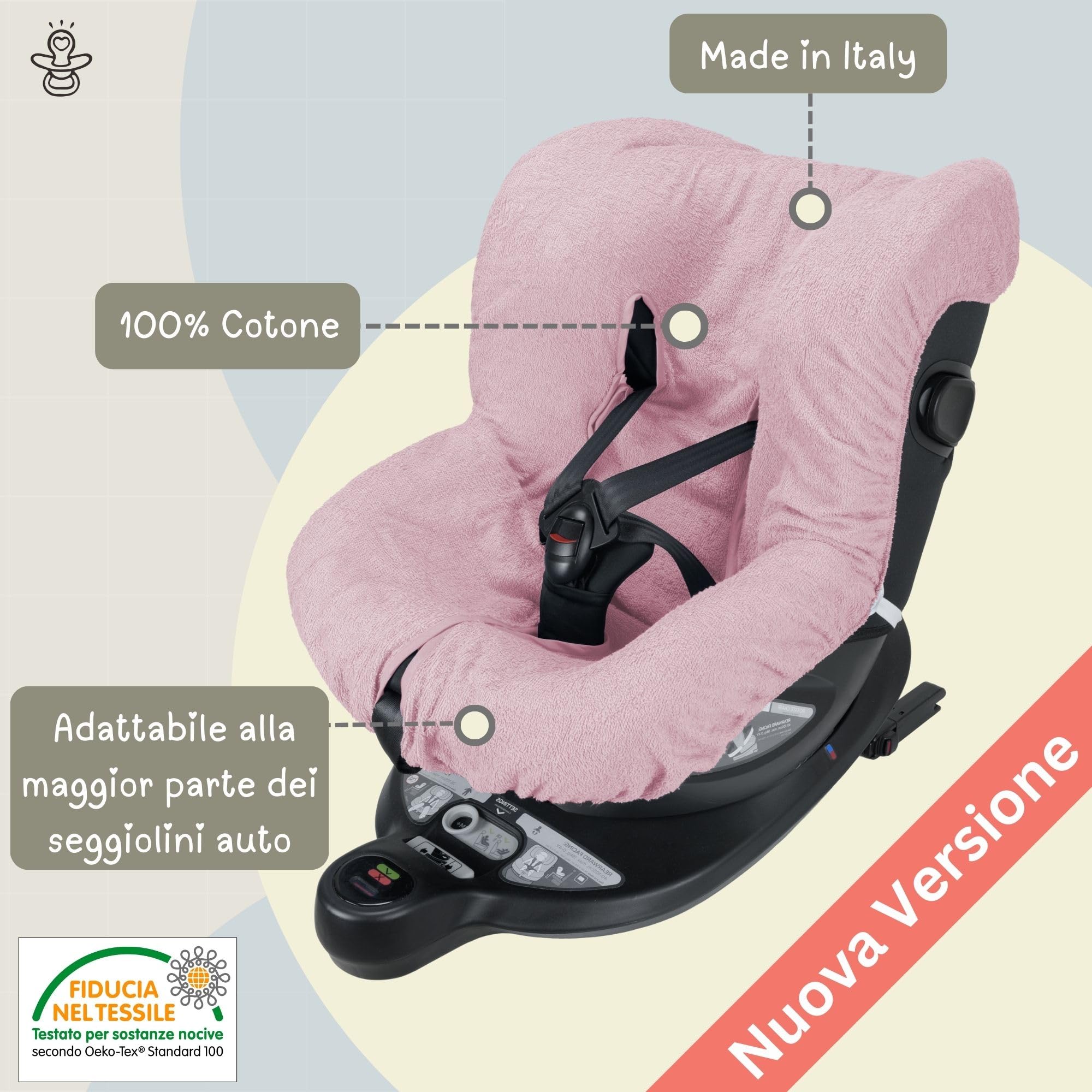 Babysanity® Morbido Copri Seggiolino Auto Universale 0/18 In Doppia Spugna Di Cotone 100% Copri Seduta Lavabile Con Passaggio Cinghie -Made In Italy- (Rosa)