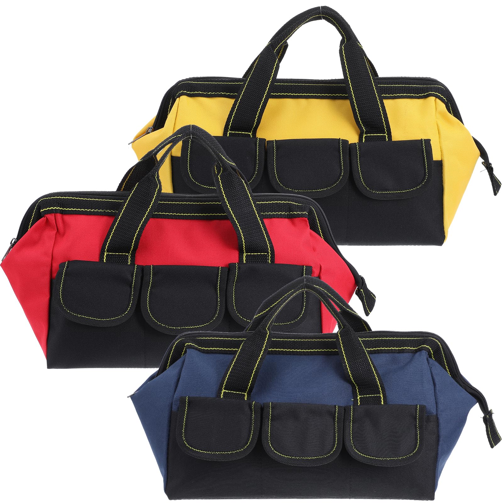 Paquete de 3 bolsas de herramientas de 13 pulgadas, bolsa de herramientas de boca ancha con base impermeable, organizador de bolsas de almacenamiento de herramientas resistente para varias