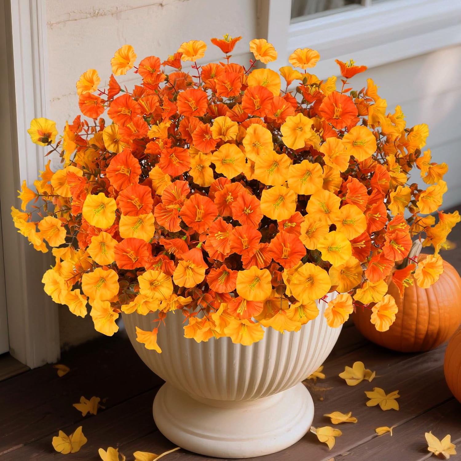Artificial Fall Flowers for Outdoors, 10 Bundles Fake Faux Fall Flowers UV Resistant Fall Decor Plants for Home Porch Garden Patio Decoration (Fall Orange Yellow)