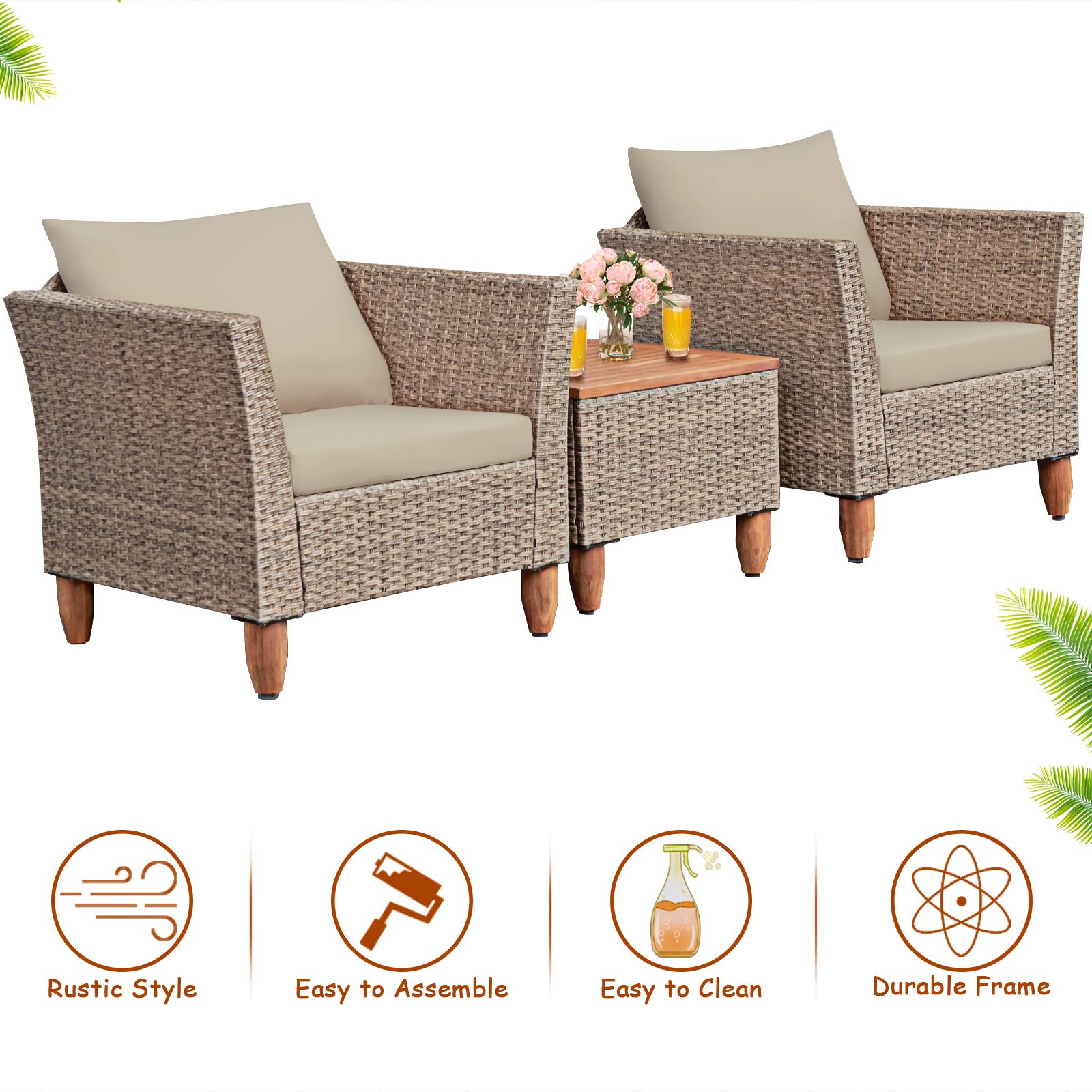 Tangkula 3 Piece Patio Furniture Set, Outdoor Wicker Rattan Bistro Sofa