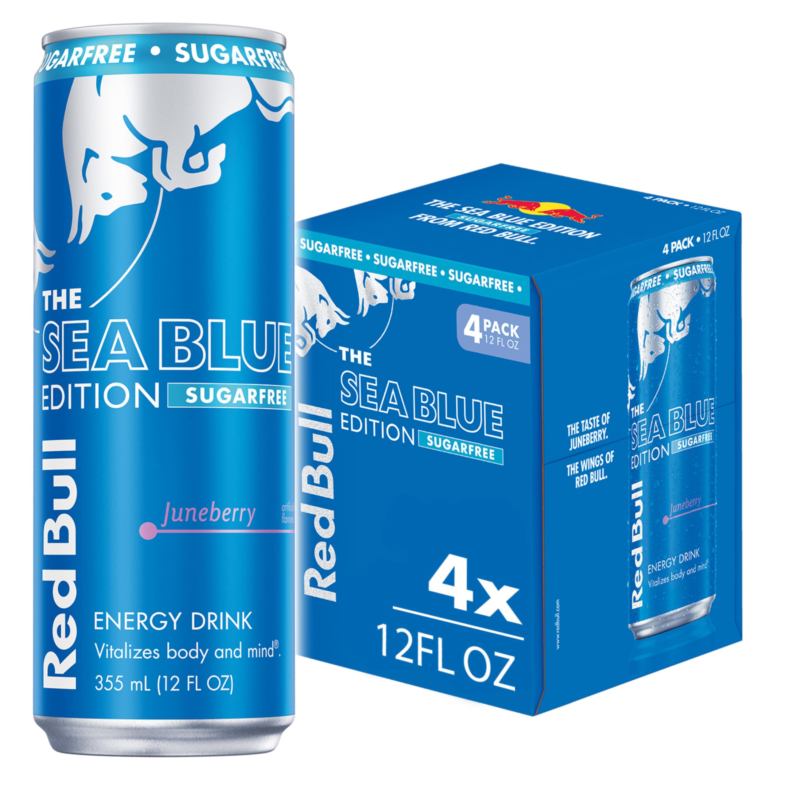 Red Bull Sea Blue Edition Sugar-Free Energy Drink, Juneberry, with 80mg Caffeine plus Taurine & B Vitamins, 12 Fl Oz, Pack of 4 Cans