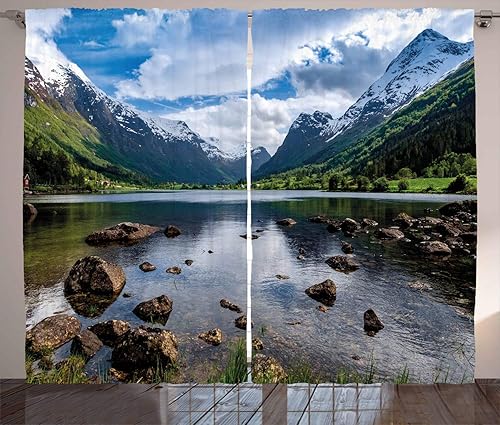 Ambesonne Cortinas de naturaleza, montañas, río y cielo abierto, bellezas naturales de Noruega, fiordos de paisaje nórdico, sala de estar,