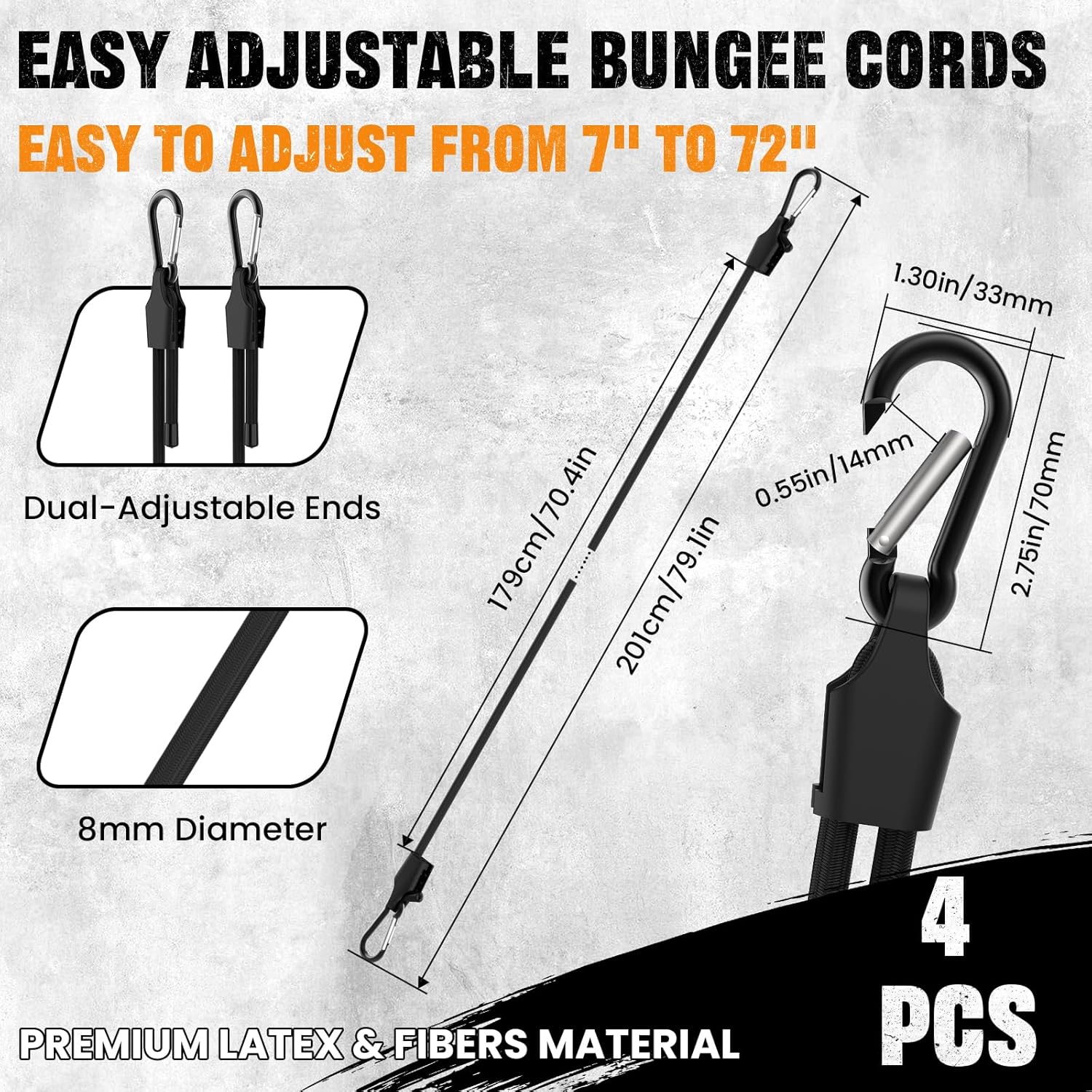 4 Pcs 72 Inch Adjustable Bungee Cord with Hooks, Easy to Adjust from 7" to 72", Heavy Duty Outdoor Carabiner Bungee Cord with Dual Adjustable Ends for Cargo Bike Luggage Carts Truck (Black)