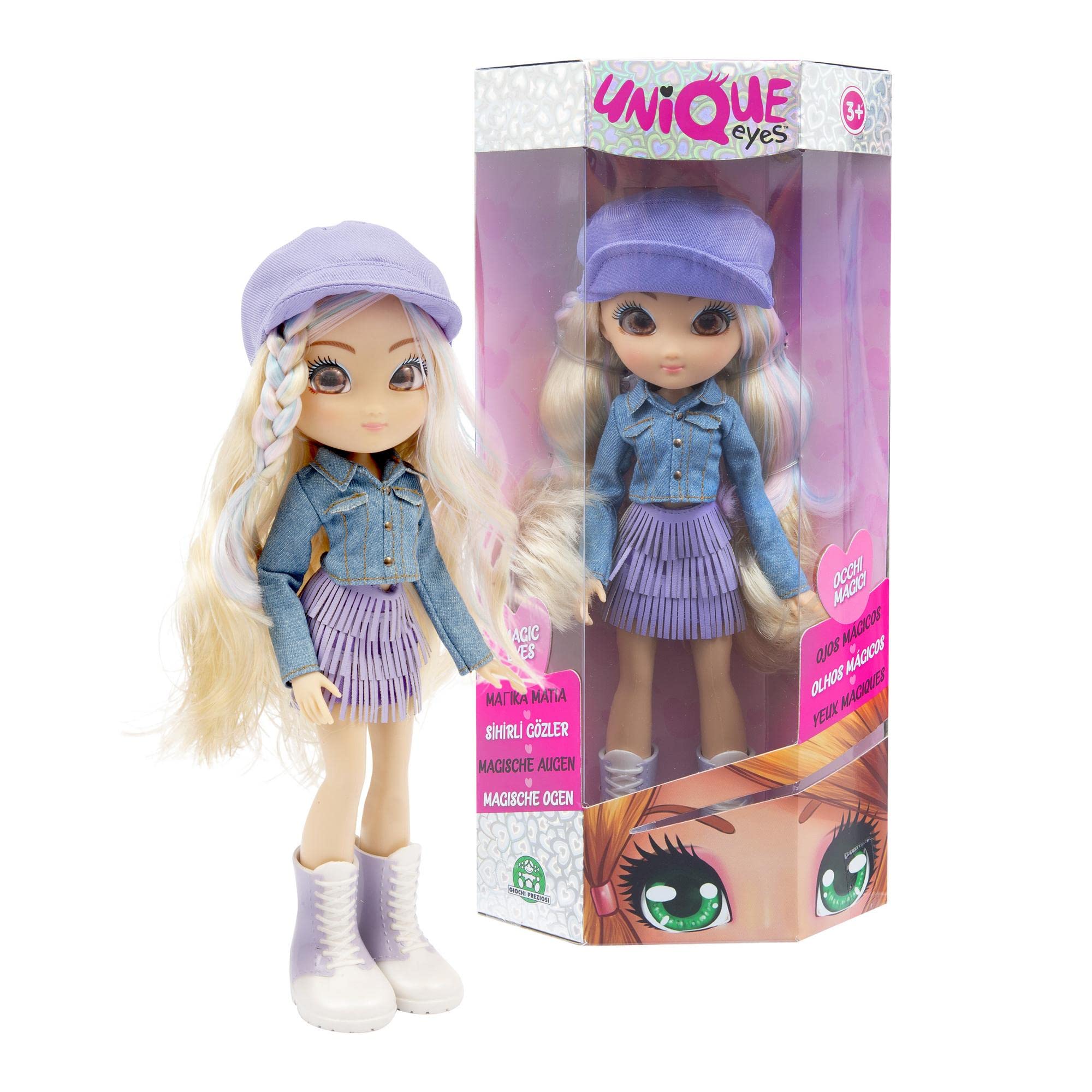 UNIQUE EYES - Rebecca Fashion Doll, muñeca de Pelo Largo y Rubio para peinar, con Estilo de Ropa Actual y Ojos Que te siguen, para niñas y niños Desde 3 años, 4 Modelos Diferentes, Famosa (MYM12200)