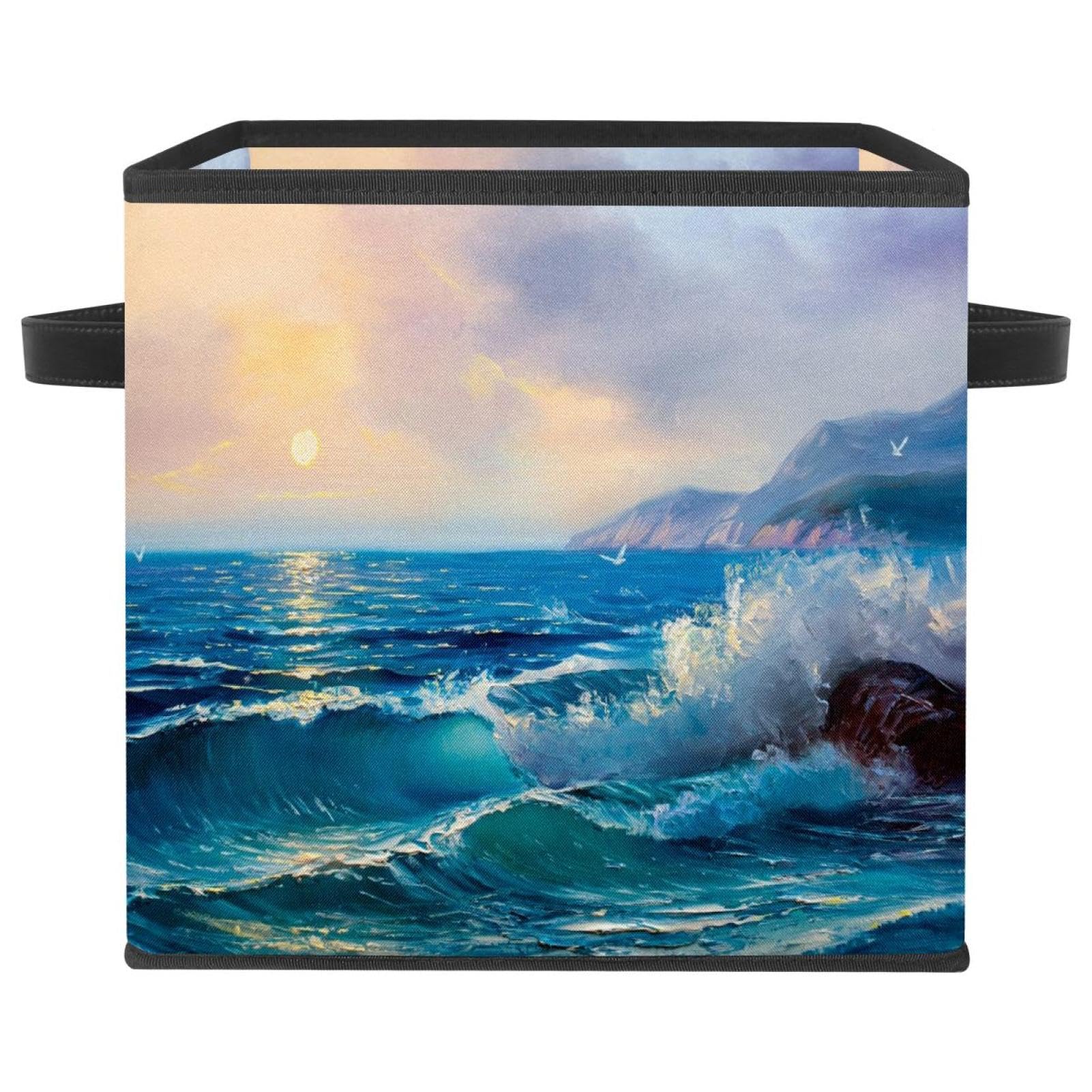 Boîte de rangement pliable motif vague de mer cube en tissu de grande capacité pour placard